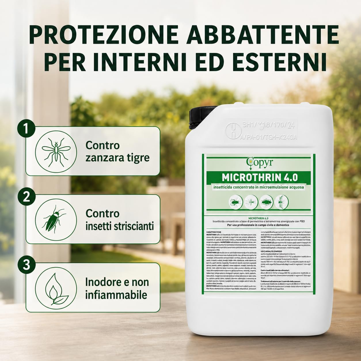 Microthrin 4.0 5 L Copyr – Insetticida Concentrato per Uso Civile e Domestico contro Zanzare, Mosche, Blatte e Formiche. Per interni ed esterni, idoneo per tutti i tipi di impianti e irroratori.