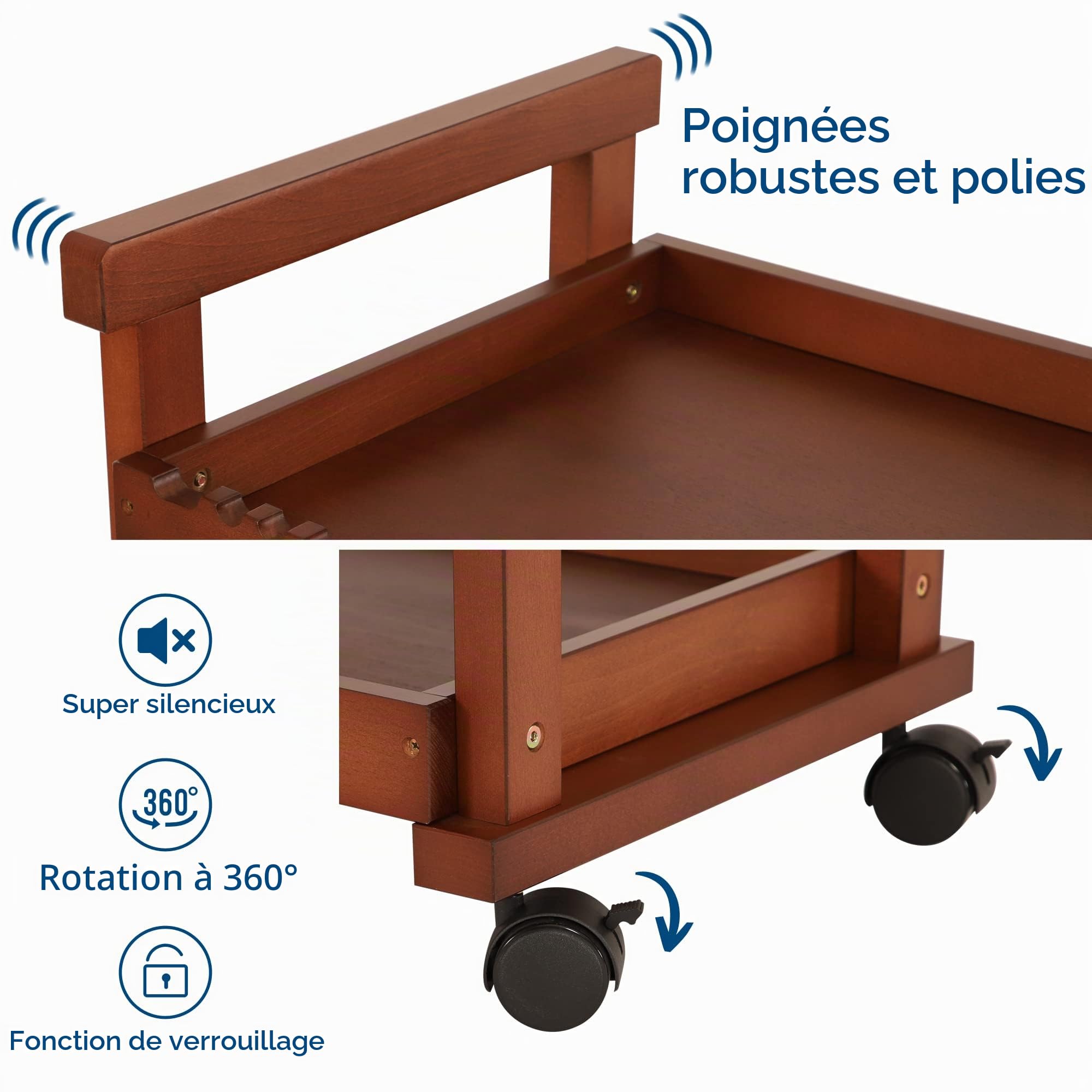 VISWIN 93cmH Art Cart Organisateur de Stockage À 3 Niveaux, Chariot Utilitaire Rotatif en Bois de Hêtre Massif avec roulettes, Chariot Multifonctionnel pour Étude, Salle de Classe et Cuisine
