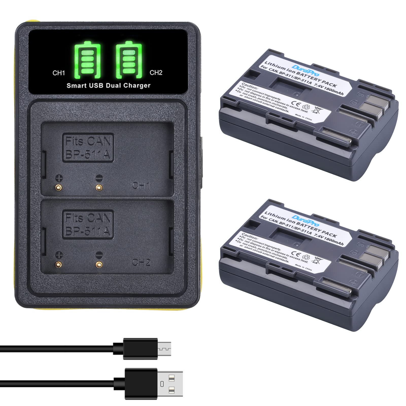 DuraPro 2 x battery BP-511 BP-511A + Integrated Dual USB Charger with Type  C Port for Canon EOS 5D (Mark1), 10D, 20D, 20Da, 30D, 40D, 50D, 300D, D30,  ...