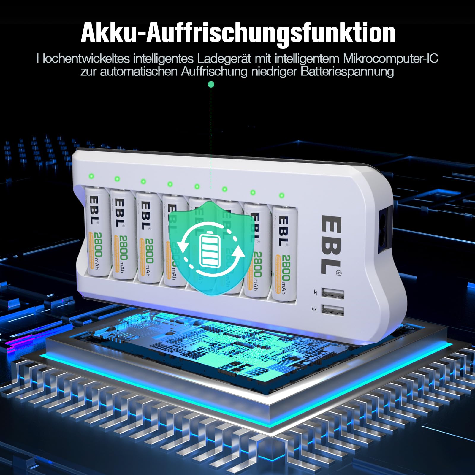 EBL Akku ladegerät mit AA Akku 2800mAh 8 Stück - Batterieladegerät mit 2-USB Port für AA, AAA, NI-MH Akkus und USB Geräte, Multischutz, LED Anzeige für Akkus