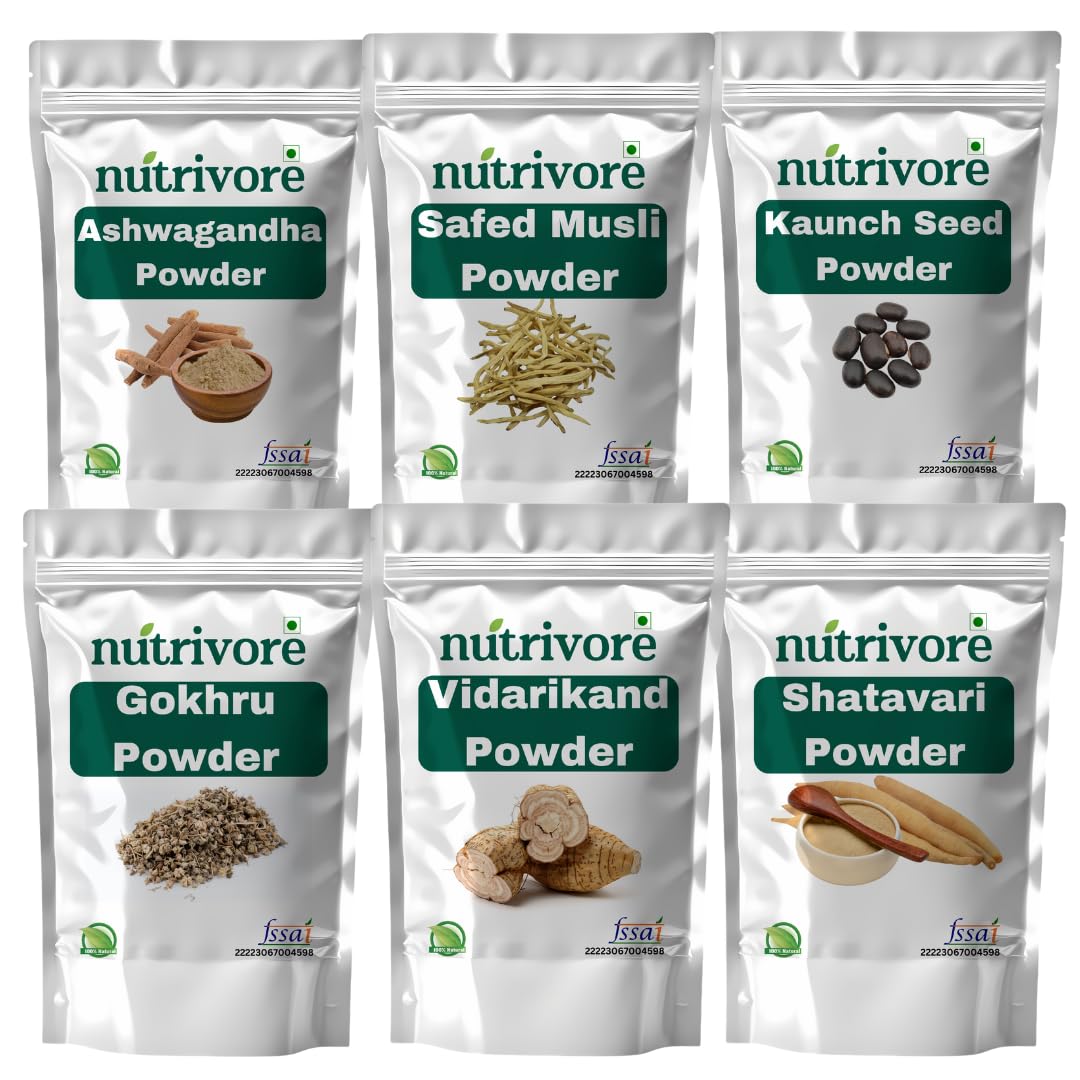 Ashwagandha, Safed Musli, Shatavari, Vidarikand, Kaunch Beej, Gokhru Ayurvedic Herbal Powder Combo Pack, 50g Each, Set of 6