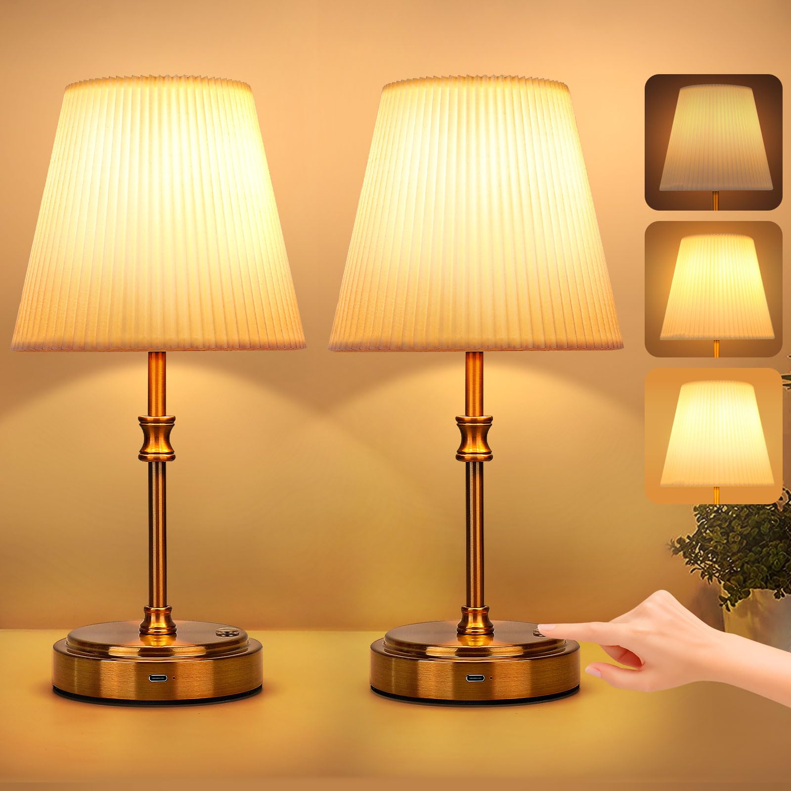 Glowlit Cordless Table Lamps Set of 2, 6000 mAh Rechargeable Lamp with Touch Control & Fabric Shade, Gold Metal Base