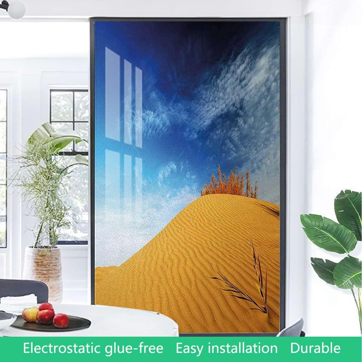 Blue and Apricot Privacy Window Film Frosted with Hot Desert with Sand Dunes and Dry Plants Self Static Heat Control Window tinting Film Landscape 23.6Wx47.2L-inch