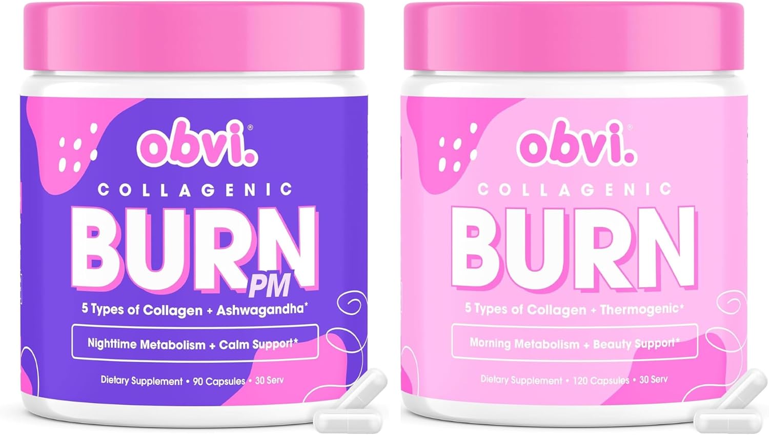 Obvi Collagenic Burn Day & Night Bundle | Collagen, Green Tea, Ashwagandha, GABA & Melatonin | 24-Hour Collagen Support