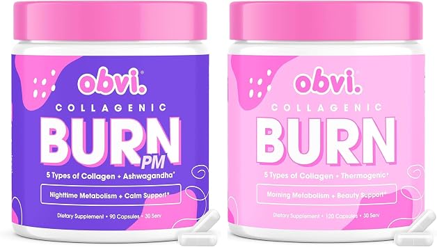 حزمة Obvi Collagenic Burn Day & Night | الكولاجين والشاي الأخضر والأشواغاندا وGABA والميلاتونين | دعم الكولاجين على مدار 24 ساعة