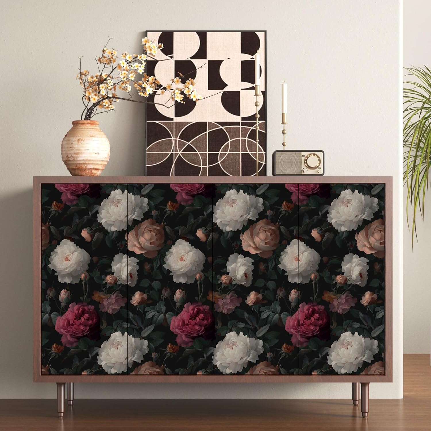 Dark Floral Wallpaper Peel and Stick, Vintage Black Red Peony Contact Paper, Thick Boho Wall Paper Self Adhesive Removable Waterproof for Living Room Bedroom Shelf Cabinet Drawer Table 17.5" x 118"