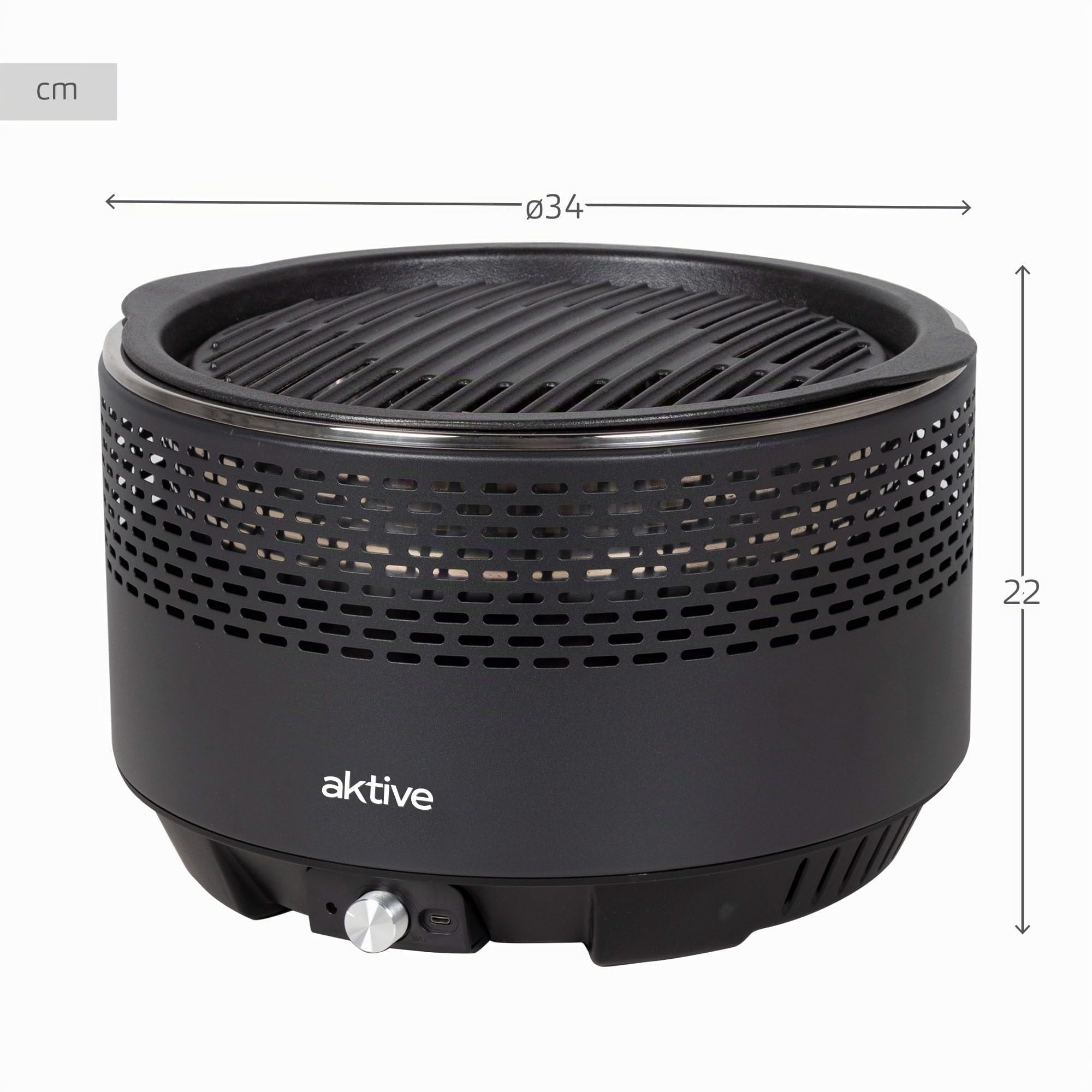 Aktive 63002 - Barbecue portatile a carbonella ricaricabile senza fumo con batterie Nero, Antigoccia, Misure Ø34x22cm, Include borsa di trasporto, Cuoce all'interno, Grill