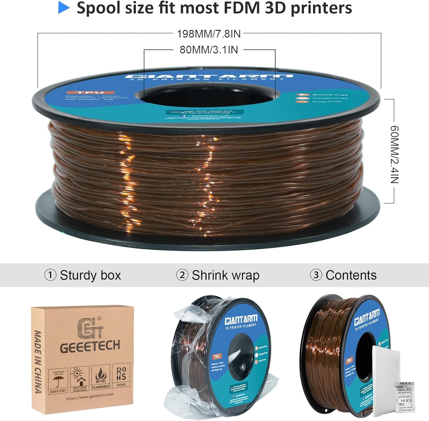 GIANTARM Filamento TPU 1,75 mm per stampante 3D 1 kg, marrone