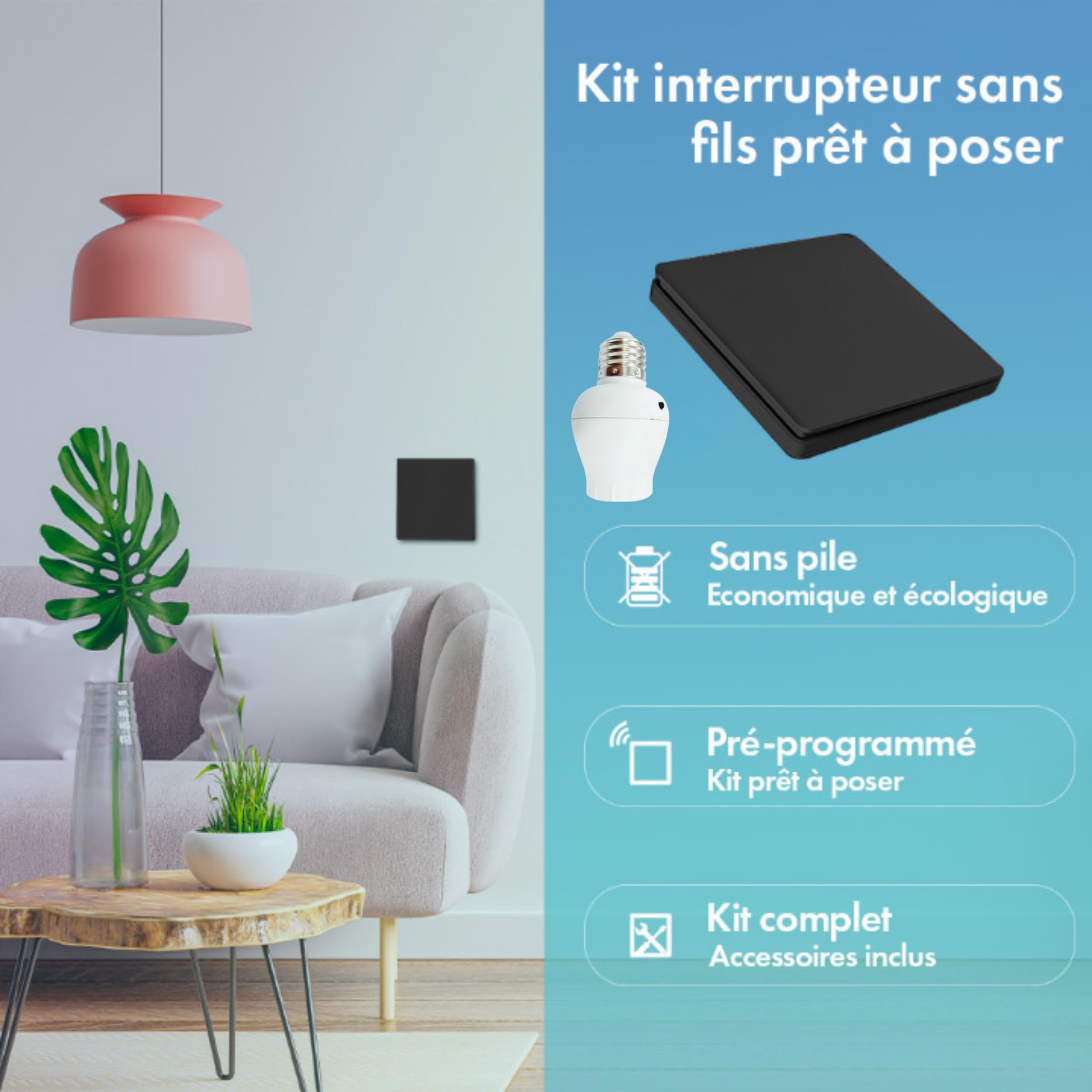Interrupteur sans fil et sans pile Auto alimenté Noir - Écologique - Qualité Pro - Va et vient RF - KIT 5 télécommande mural + 1 Douille à vis E27 Adaptateur Radio - Longue Distance - 200 m