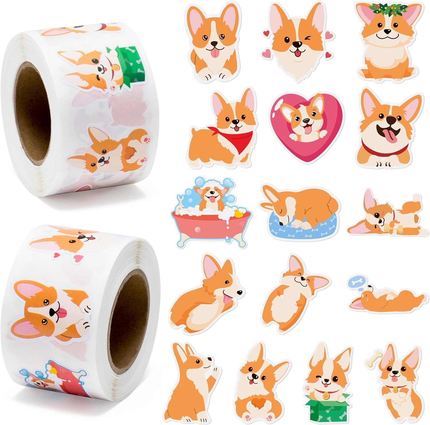 PANTIDE 2P Cute Corgi Roll Stickers - 1000Pcs Corgi Stickers in 2 Rolls Waterproof Vinyl Cute Fancy Pets Dogs Animal Decals for Cars Phone Laptop Bottle Notebook Luggage Computer Envelope Decor