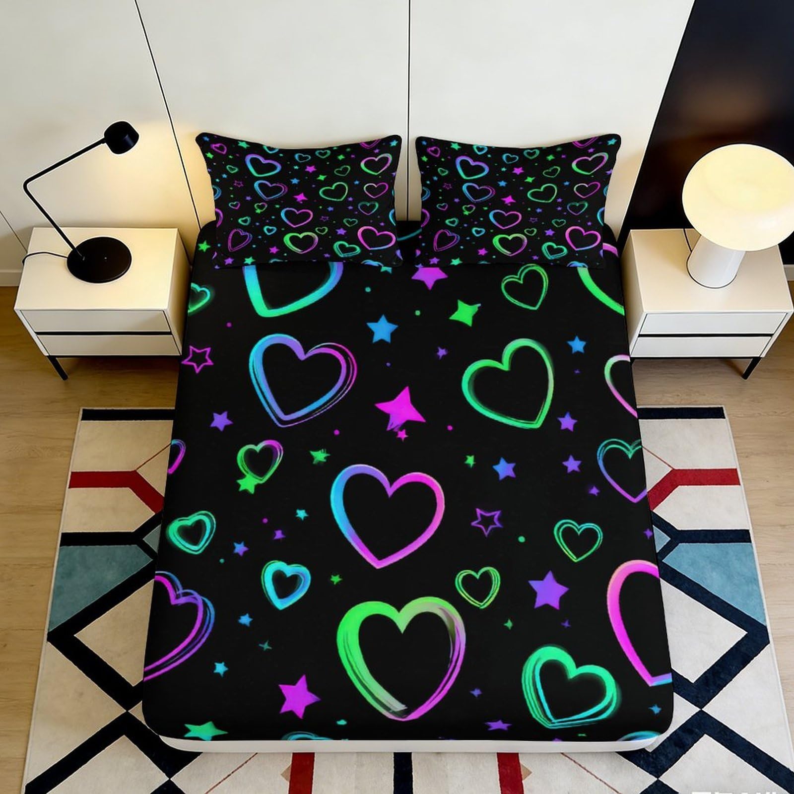 Pnayamiorkfel Style-4 3D Printed Neon Heart Star Fitted Sheet Microfiber Deep Pocket Bed Cover For Bedroom Decor Mattress Protection 90X200x25cm