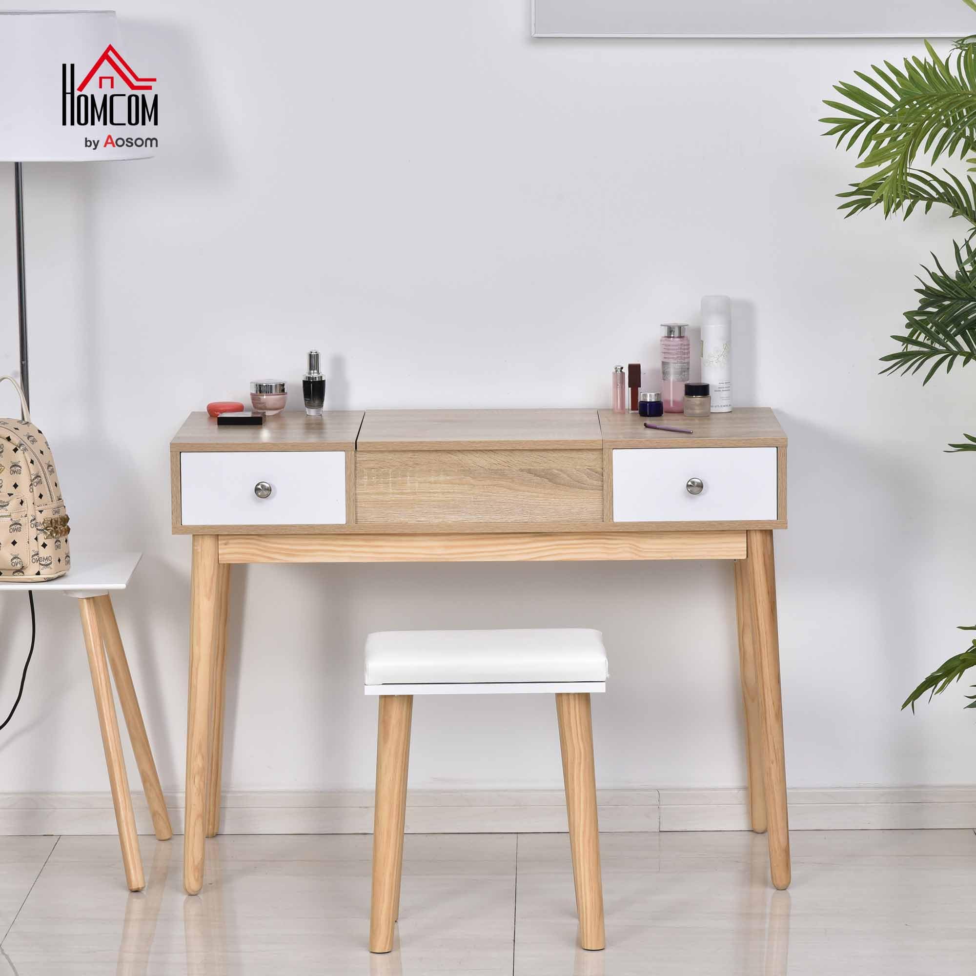 HOMCOM Tocador de Maquillaje con Espejo Abatible 100 cm Color Natural