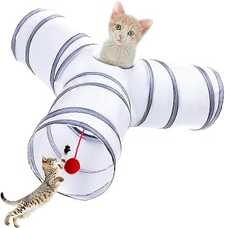 Cat Tunnel Tube Toys, 3 Ways Tunnels for Indoor Cats with Play Ball | Collapsible Pet Tube with Interactive Peephole Interactive Toy for Rabbits, Kittens, Ferrets, Puppy(White Gray)