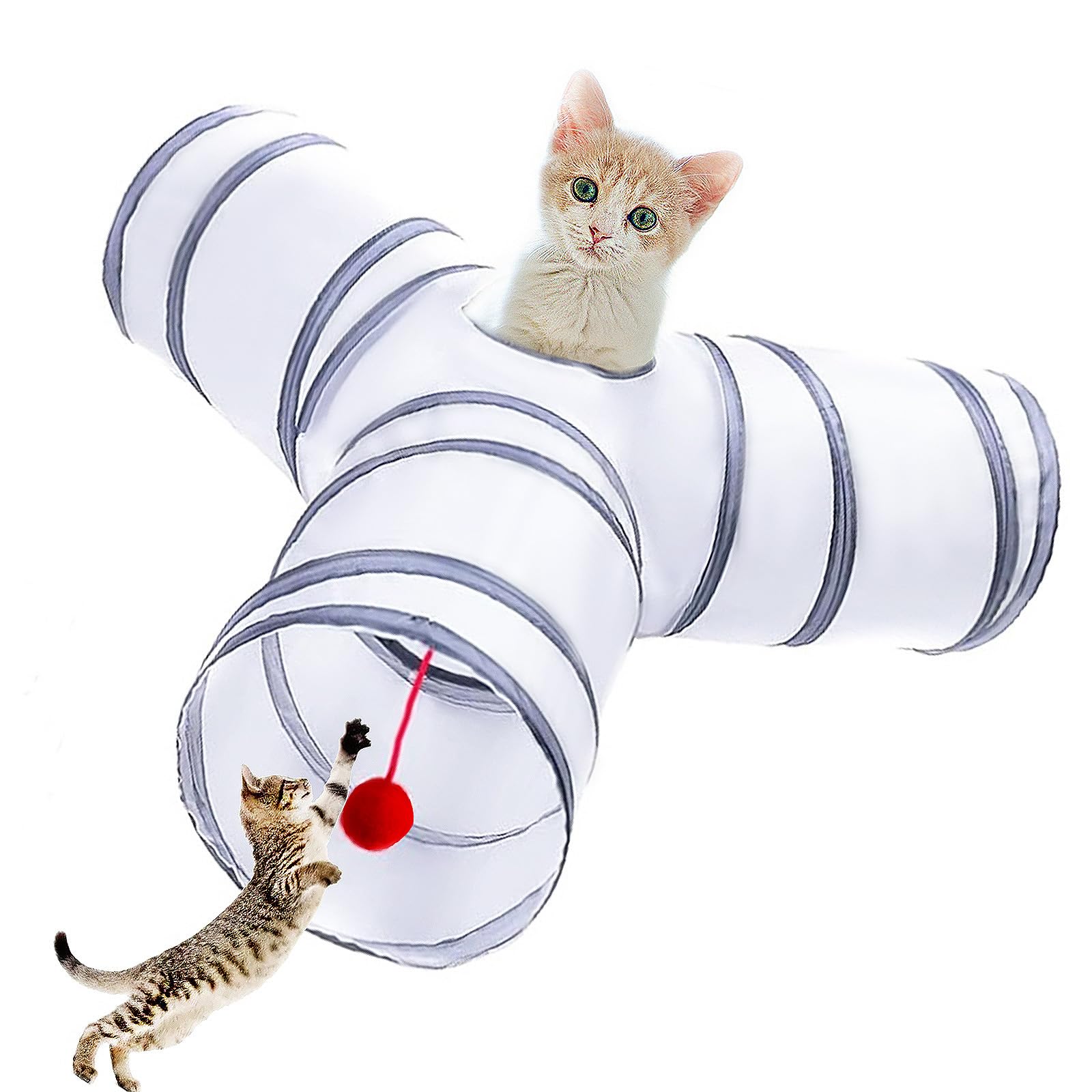 Deofun Cat Tunnel Tube Toys, Tunnels for Indoor Cats, 3 Way Colorful White Gray Collapsible Interactive Toy with Balls for Rabbits, Kittens, Ferrets,