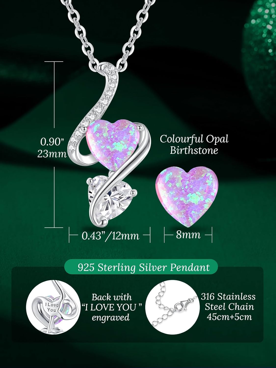 LOUISA SECRET 925 Sterling Silver Opal Birthstone Necklace, Unique Tiny Double Heart Pendant Jewelry, Engraved with "S925 I Love You" Best Birthday Gift for Women Wife Girlfriend Mom Her, Christmas Day Valentine's Day Anniversary Mother's Day - Image 4