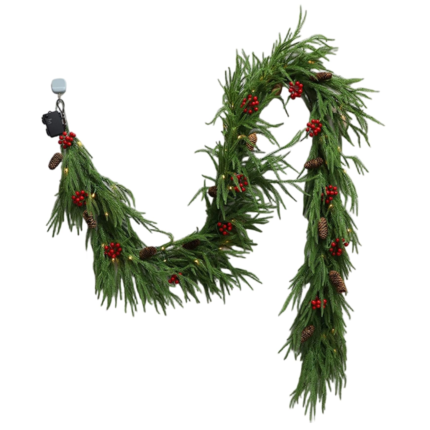 CAKEEYUM Christmas Garland with Lights 9FT Realistic Norfolk Pine Garland with Red Berry for Xmas Tree Stairs Fireplace Holiday Decor Norfolk Pine, Christmas, Garl