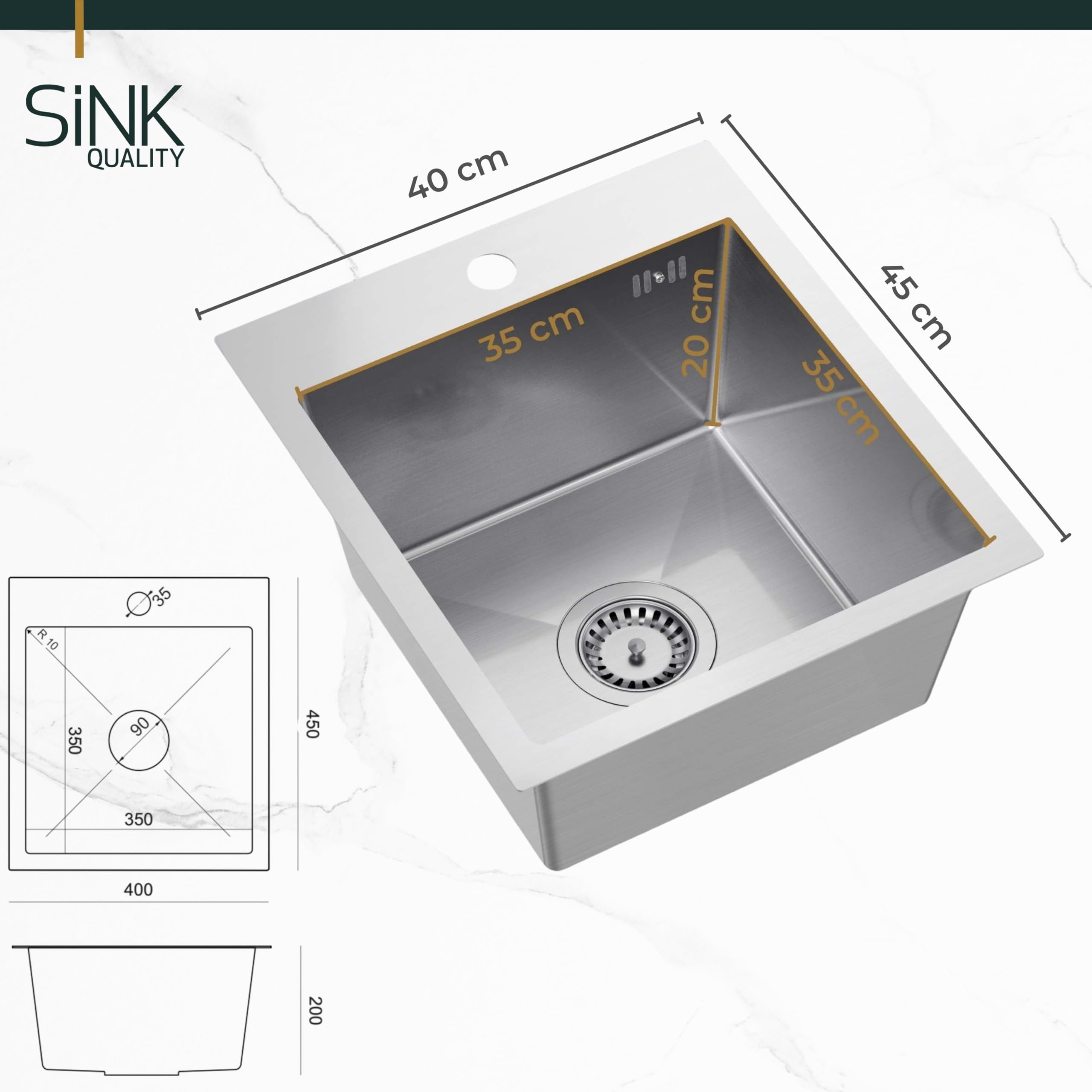 SINK Quality Lavello Cucina 40x45 cm | Acciaio Inox 304 | Vasca Singola Antigraffio PVD | Insonorizzato e Anticondensa | Sifone Salvaspazio Incluso | Ideale per Base 40 cm