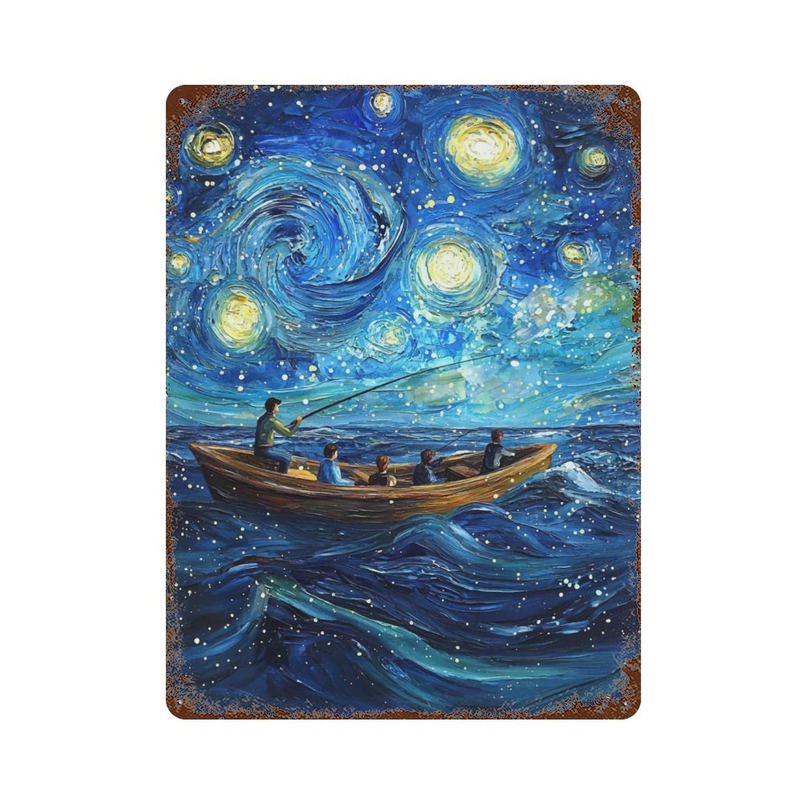Starry Night Fishing 15.7"x11.8" Rusty Metal Tin Sign, Novelty Wall Decor for Cafe, Home Bar And Lounge Decor