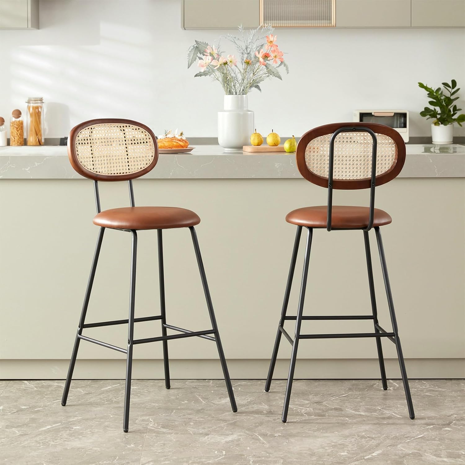 Counter Stools Rattan Back, Faux Leather Bar Stools