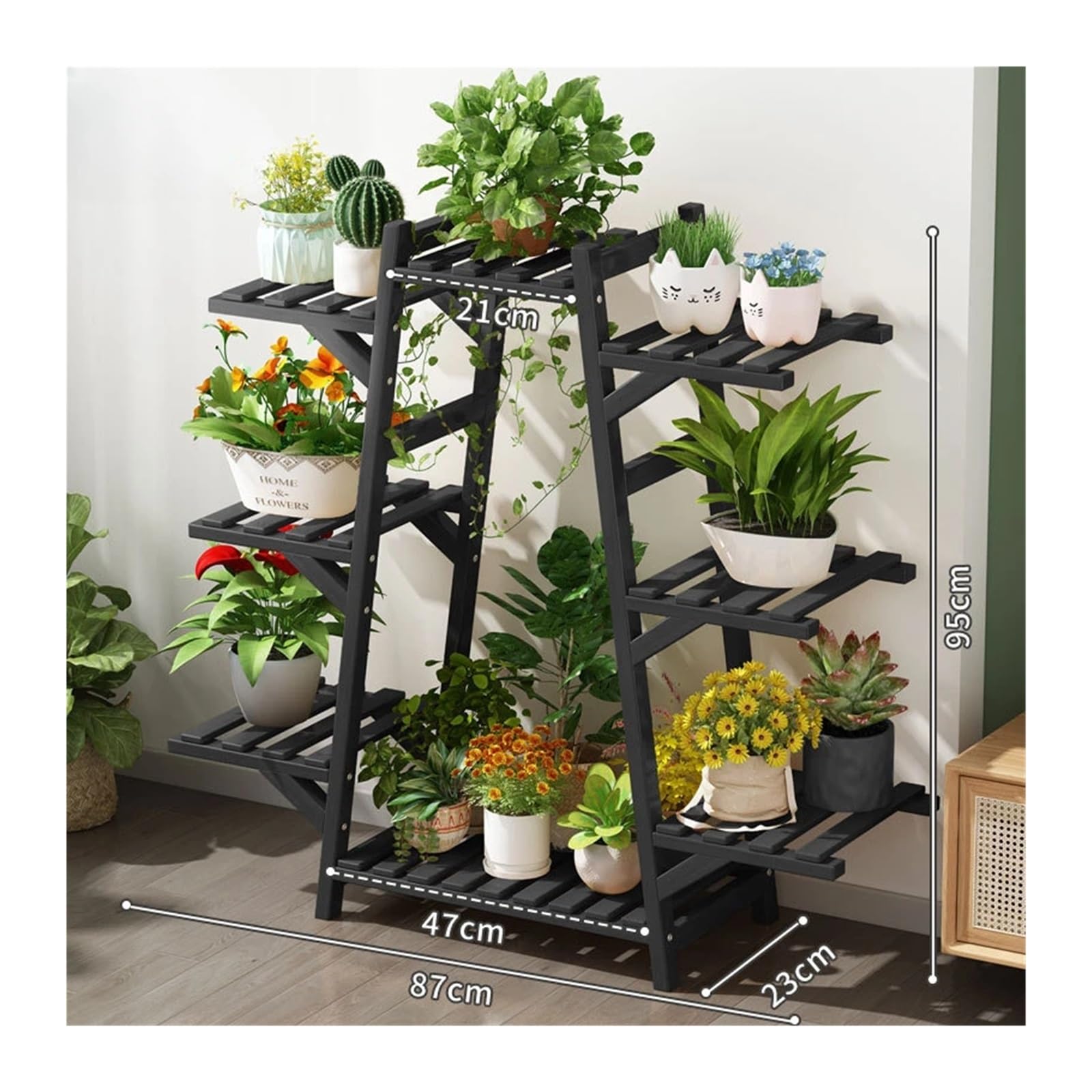 YUANCHUTOP 8-Tier Foldable Wooden Corner Plant Stand - Tall Multi-Plant Shelf for Indoor & Outdoor - Space-Saving Flower Pot Holder Rack - Perfect for Home Garden Display (A2-Black)
