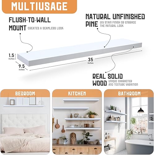 Vista 18 de Sasylvia 4 estantes flotantes extralargos para pared, estantes rústicos gruesos para decoración de pared, estantes colgantes de madera para Marrón