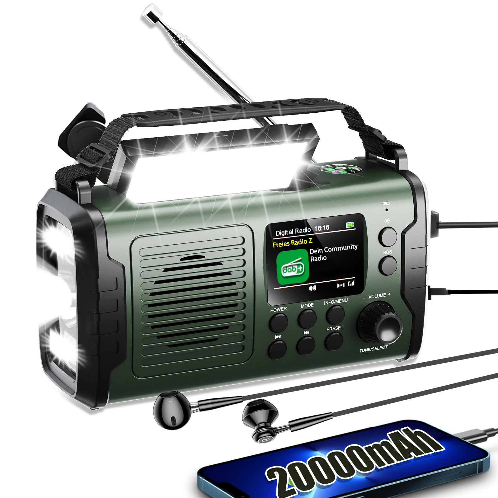 20000mAh Radio Solaire, Dab/Dab+/FM Radio à Manivelle, 3 Méthodes de Recharge, 11 en 1 avec Bluetooth 5.3, Batterie Externe, SOS, Lampe Torche, Boussole,Carte TF et Lampe de Lecture