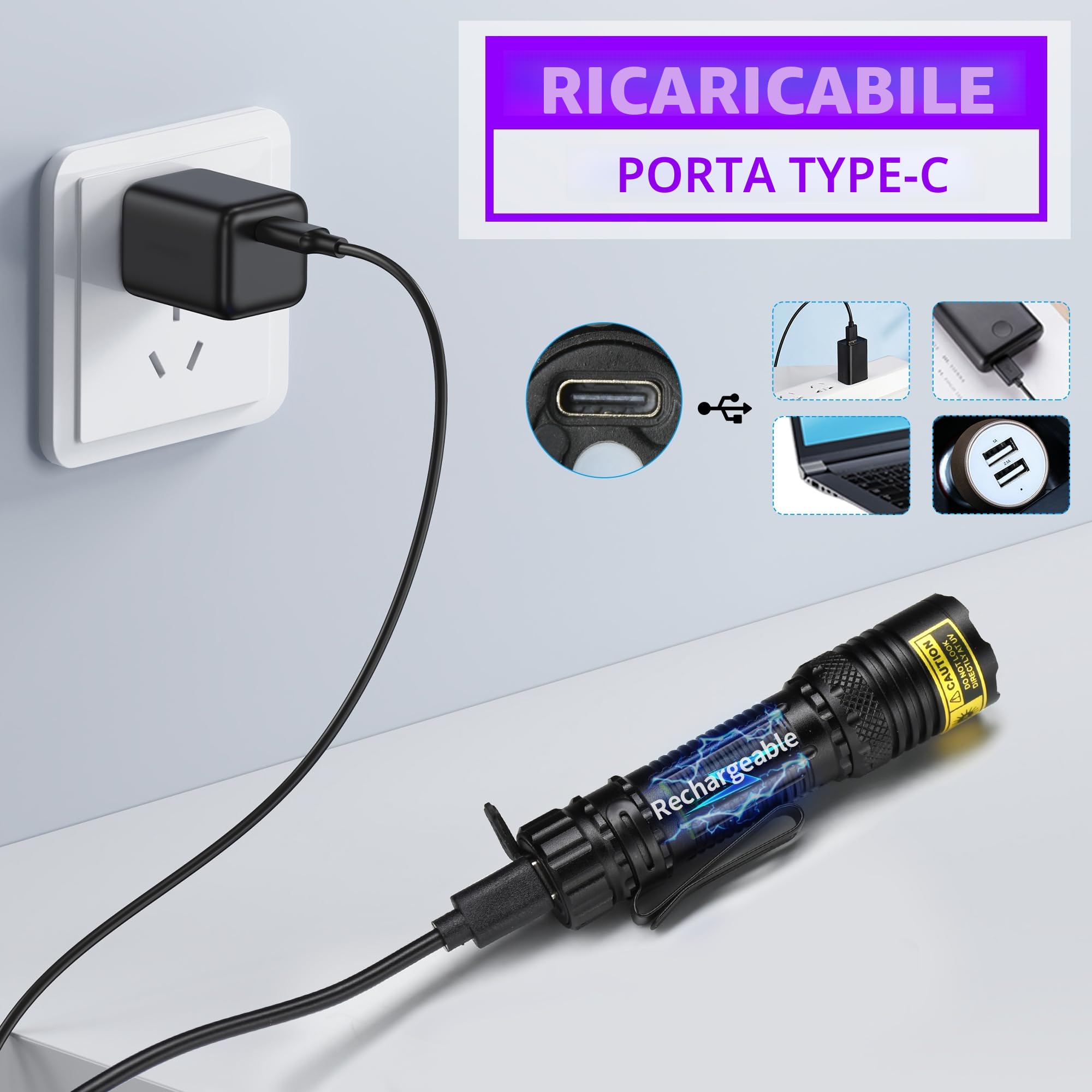 DARKBEAM Torcia UV 395nm Luce nera, Mini ma potente Blacklight USB-C ricaricabile, resistente all'acqua focalizzabile, rilevatore per l'urina degli animali domestici, resina di curazione