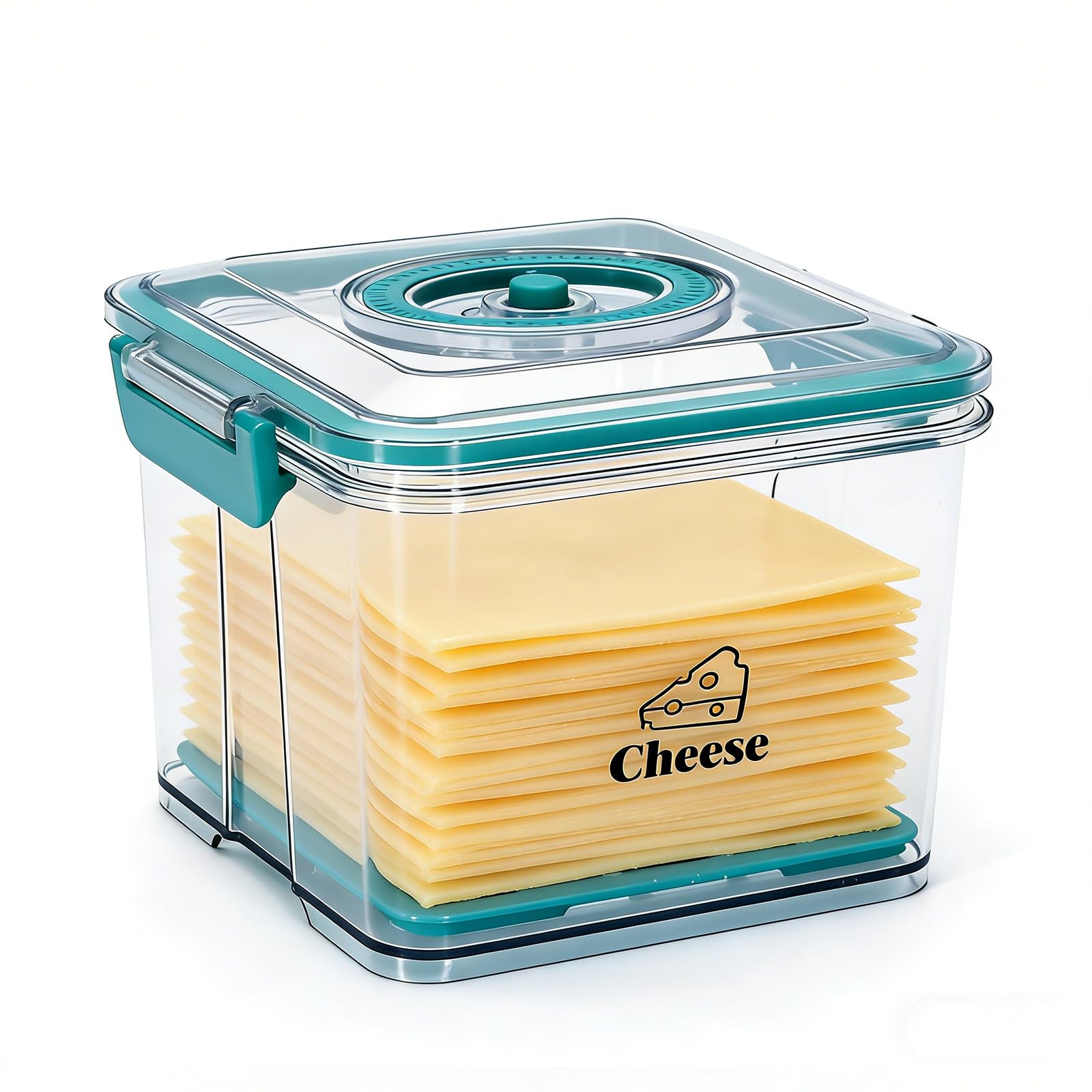 Punorric Cheese Storage 1.5L Clear Cheese Container for Fridge, Stackable Fridge Storage Box with Airtight Lid, Time Recording Food Container with Drain Tray for Chunks & Slices (Green)