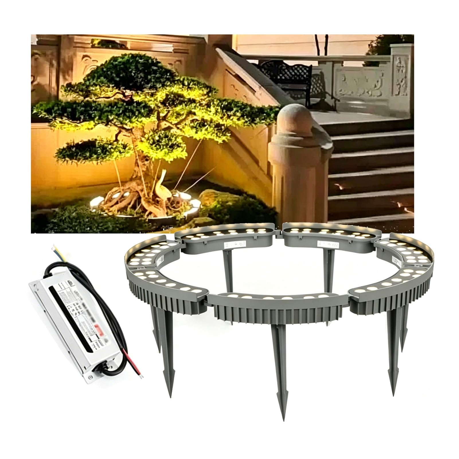 Transformador de Luces de Anillo LED para Árbol, Iluminación Exterior de Bajo Voltaje Impermeable para Jardín y Árboles, Focos LED de Paisaje Blanco Cálido con Estaca(7 lights)