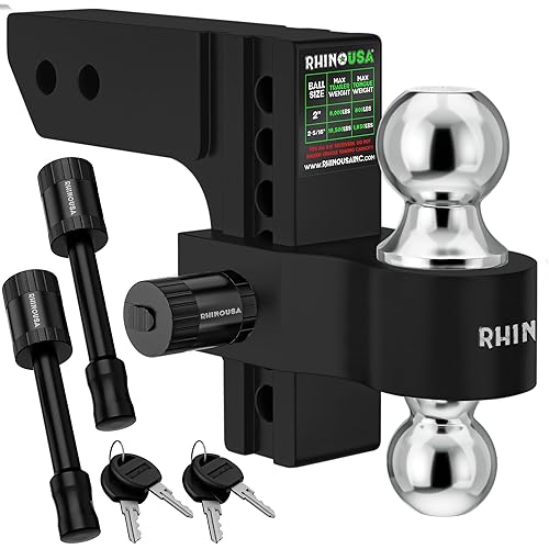 Rhino USA Adjustable Trailer Hitch (Fits 2-Inch Receiver) - Heavy Duty Aluminum Tow Hitches with 6-Inch Drop/Rise for Truck (12,500 LBS GTW) - Weatherproof Double Anti-Theft Locking Hitch Pins (Black)