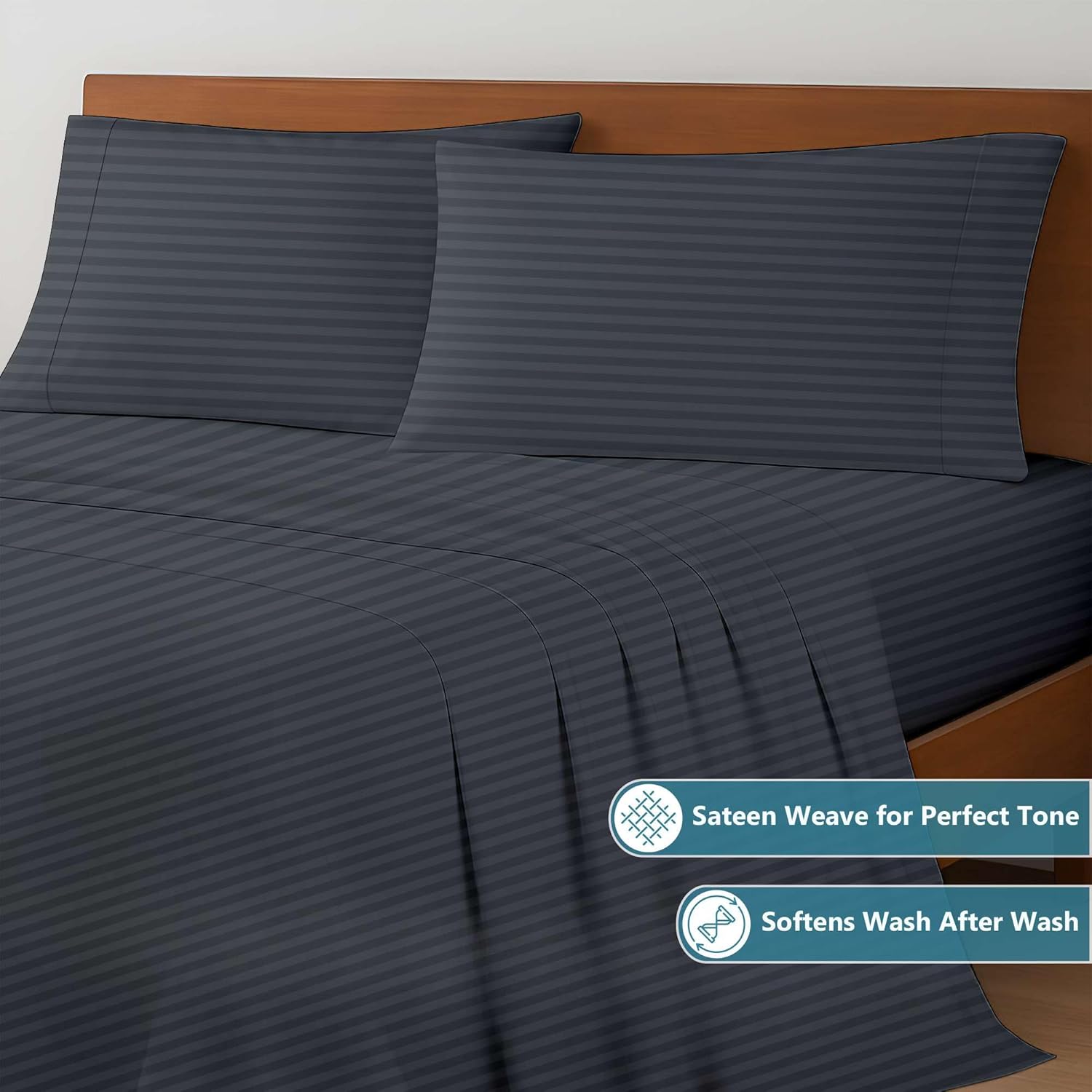 Cotton Bed Sheets - 100% Cotton - 500 Thread Count - 4-8 Inch Deep Pocket Fitted Sheet With Elastic All Around- Soft & Luxurious Hotel Quality Sheets(Dark Grey Stripe - Full)