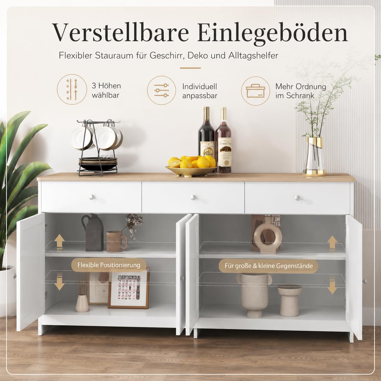 Credenza Cucina, Credenza Buffet con 4 Ante e 3 Cassetti, Ideale per Soggiorno, Ingresso, Foyer e Sala da Pranzo, Stile Country, 160x37x75cm, Colore Bianco