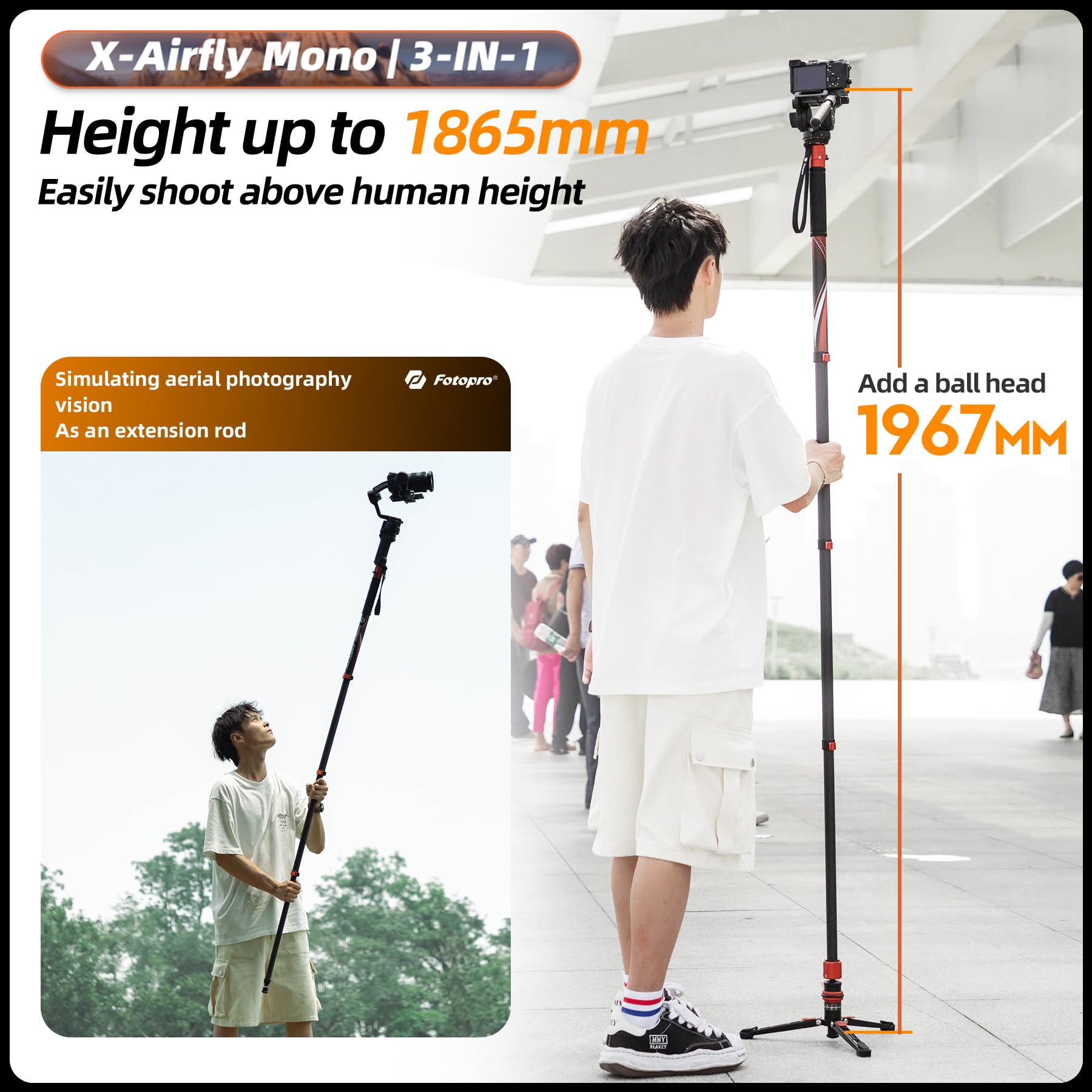 Fotopro Monopod de fibra de carbono con pedal, monopie profesional 3 en 1 de 73 pulgadas, monopié de viaje de fibra de carbono con pies de carga máxima de 22 libras para kit de videografía de