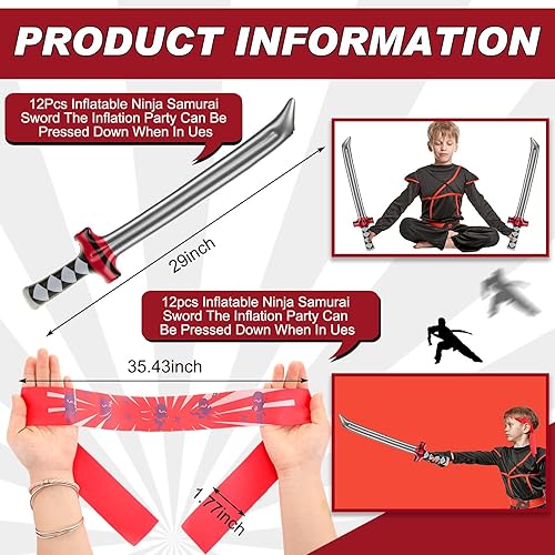 Miniatura 2 de Poen Regalo para el día de San Valentín, 24 piezas de suministros de fiesta de Ninjas, incluye espada ninja samurái inflable y diadema, accesorios