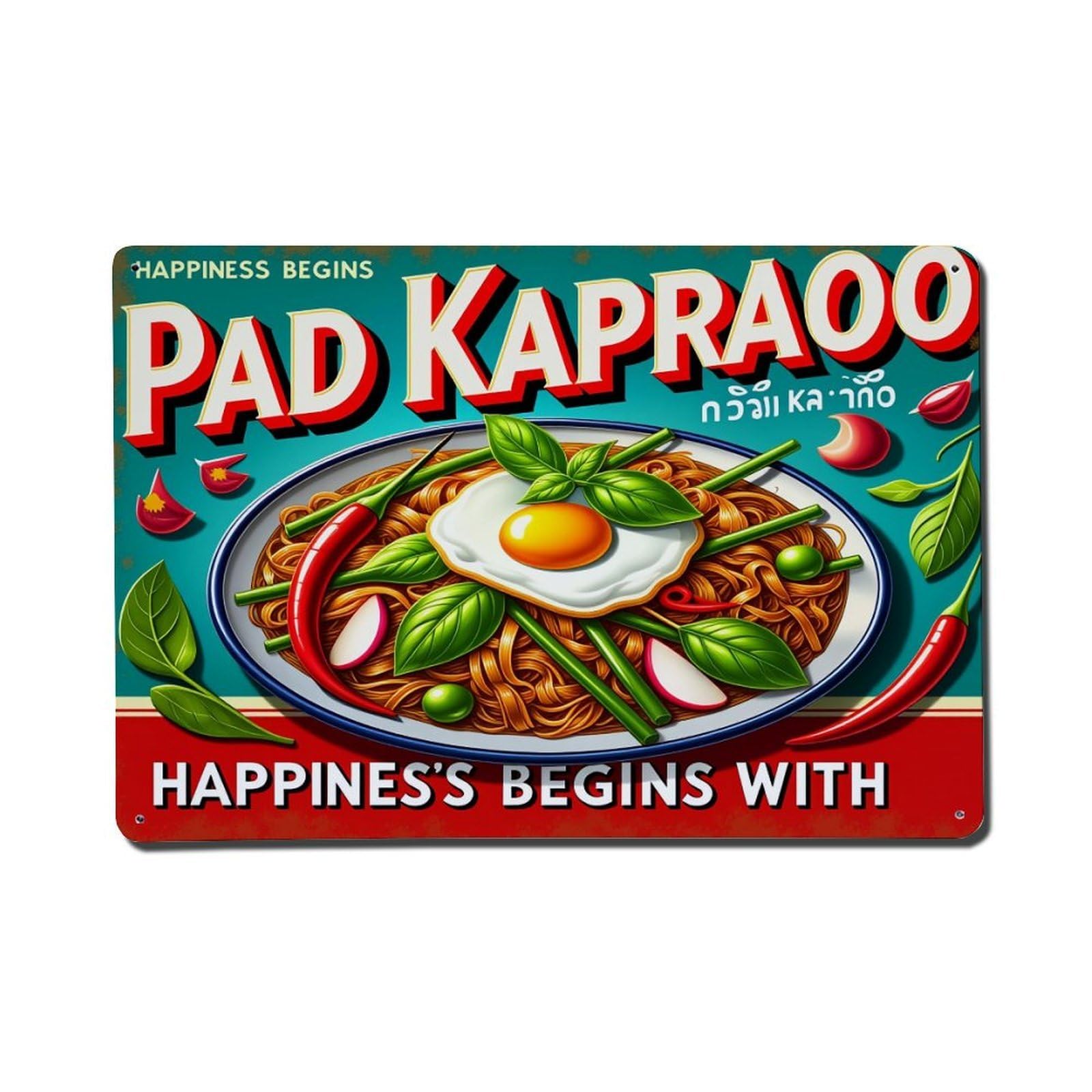 Pad Kaprao Noodles With Egg And Herbs Tin Sign Vintage Metal Poster, Home Bar Garage Man Cave Cafe Indoor & Outdoor Wall Decoration 8x12Inches