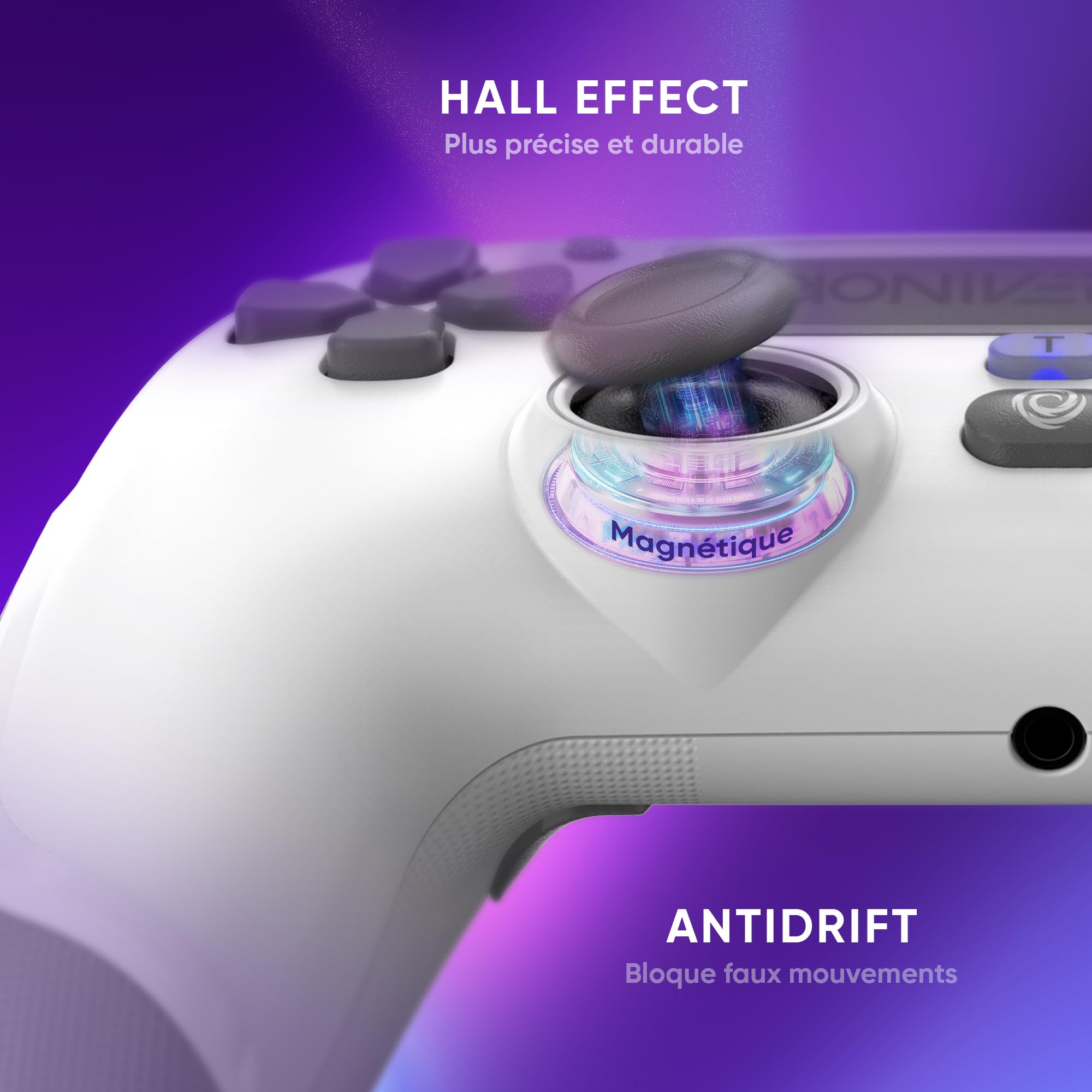 Manette sans fil pour PS4 PS3 PC ANDROID iOS, Sortie Casque, Joystick Hall Effect, Batterie Rechargeable 1000mAh, boutons macro, mode Turbo, Wake up, Gyroscope 6 axes, Revolt Moon White