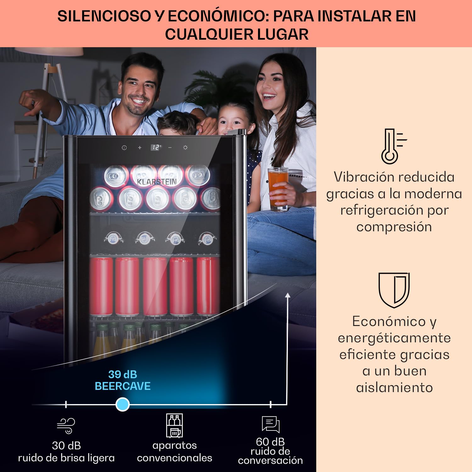 KLARSTEIN Mininevera con puerta de cristal y led, mininevera para habitaciones, nevera pequeña para bebidas con 3 estantes extraíbles, nevera pequeña 70L, de interior/exterior silenciosa, 0-22 °C