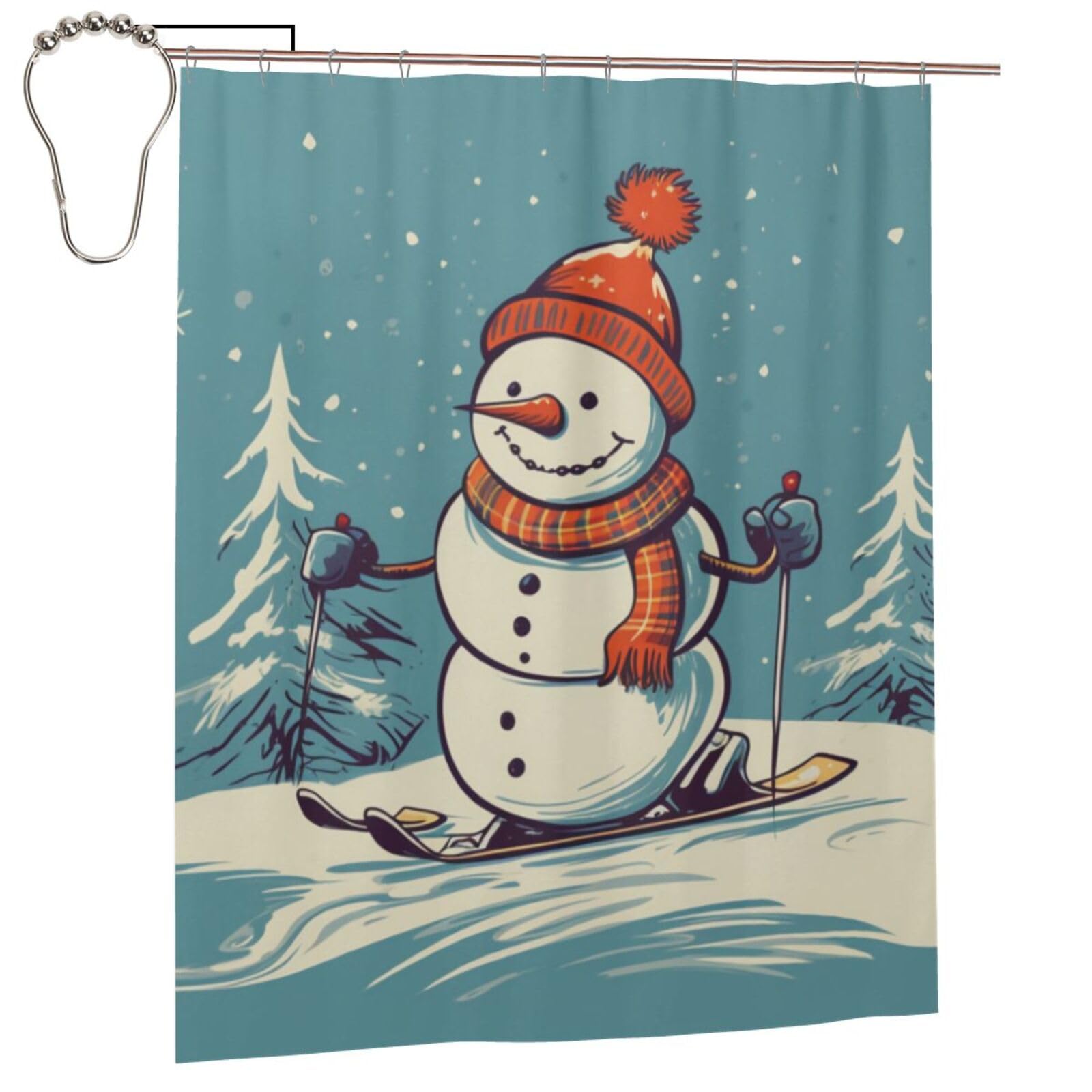 BWWHCCTI Skiing Snowman Printed Shower Curtain With 12 Iron Hooks Opaque Quick Drying Waterproof Shower Curtains Sets For Bathroom 152x183 Cm