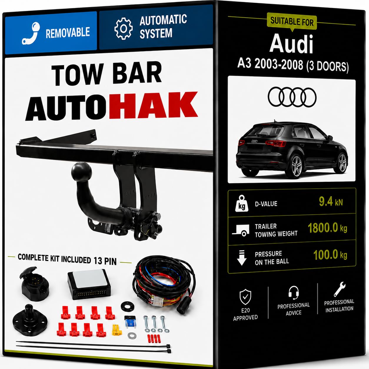 Enganche Remolque Desmontable para Audi A3 / 3 Puertas (8P) 05/2003-06/2008 | Kit Completo con Instalación Eléctrica de 13 Pines | Homologado E20 | Capacidad de Remolque 1800 kg | Ref. K44A