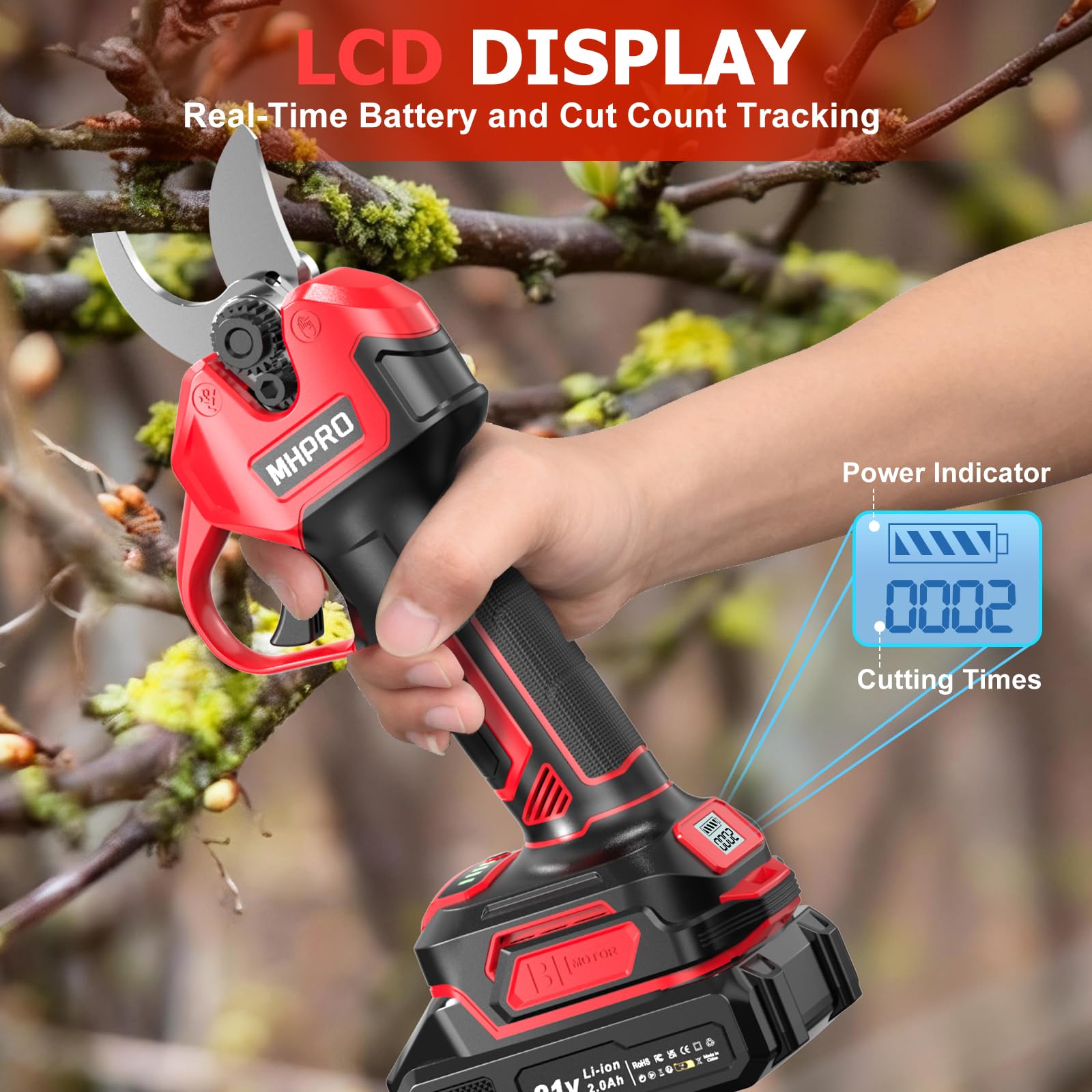 Tijeras de Podar Electricas Sin Escobillas, MHPRO Tijeras de Podar 21V con Baterías 2x2000mAh, Pantalla LCD, Tijeras podar Bateria para Jardinería, Árboles Frutales, Viñedos y Granja, Rojo - 5