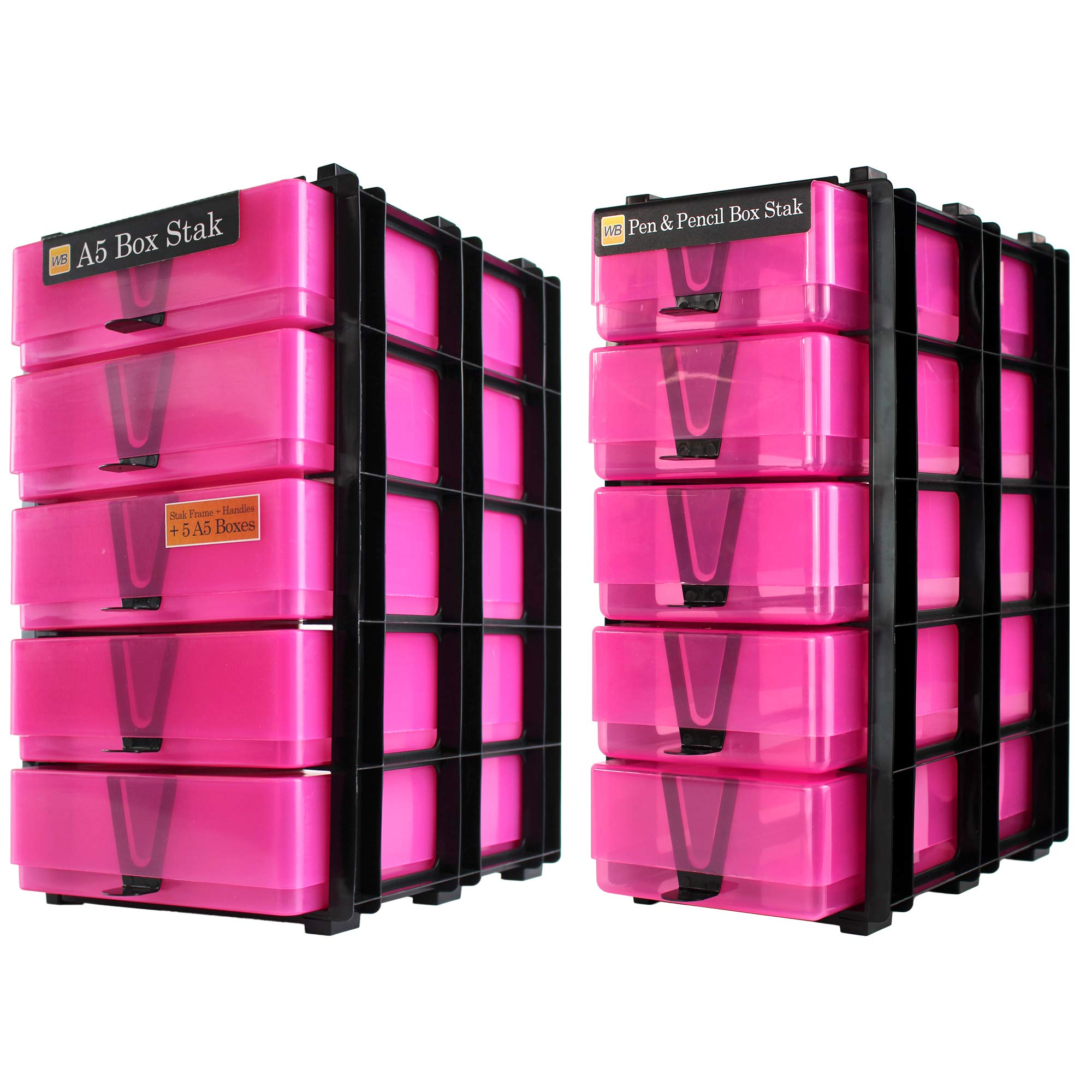 WestonBoxes 2 Stak Storage Pack, Includes A5 Paper Storage Boxes, Pen & Pencil Storage Boxes, Stak Frames and Box Handles, Fits IKEA KALLAX (Pink)
