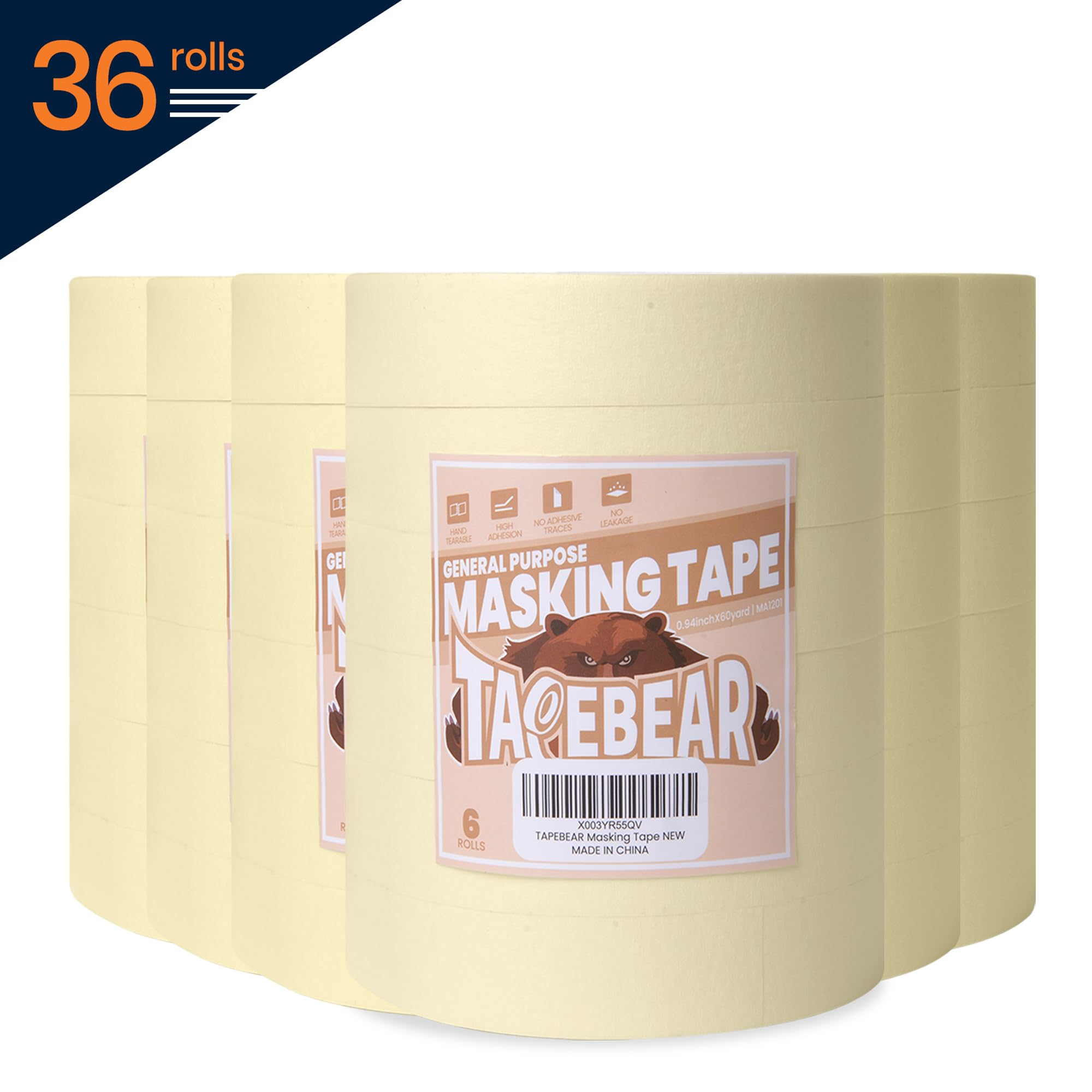 TAPEBEAR Taśma maskująca beżowa, 24 mm x 55 m, uniwersalna taśma malarska, taśma maskująca malarska, wielofunkcyjna do prac malarskich, dekoracji, znakowania, rzemiosła artystycznego, domu, biura,