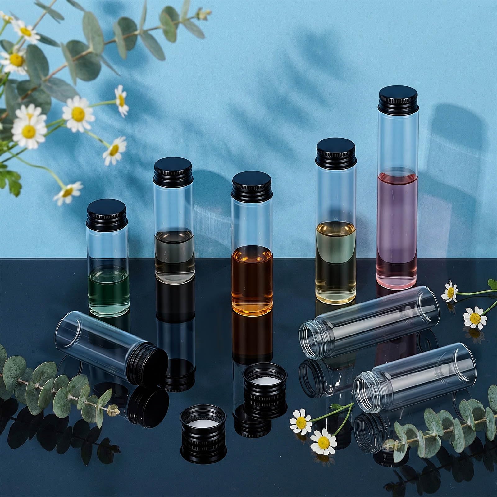 100 unidades de 80 ml/60 ml/50 ml/45 ml/40 ml, tubos de cristal transparente con tapón de rosca para sales de baño, goma de mascar y joyas (negro)