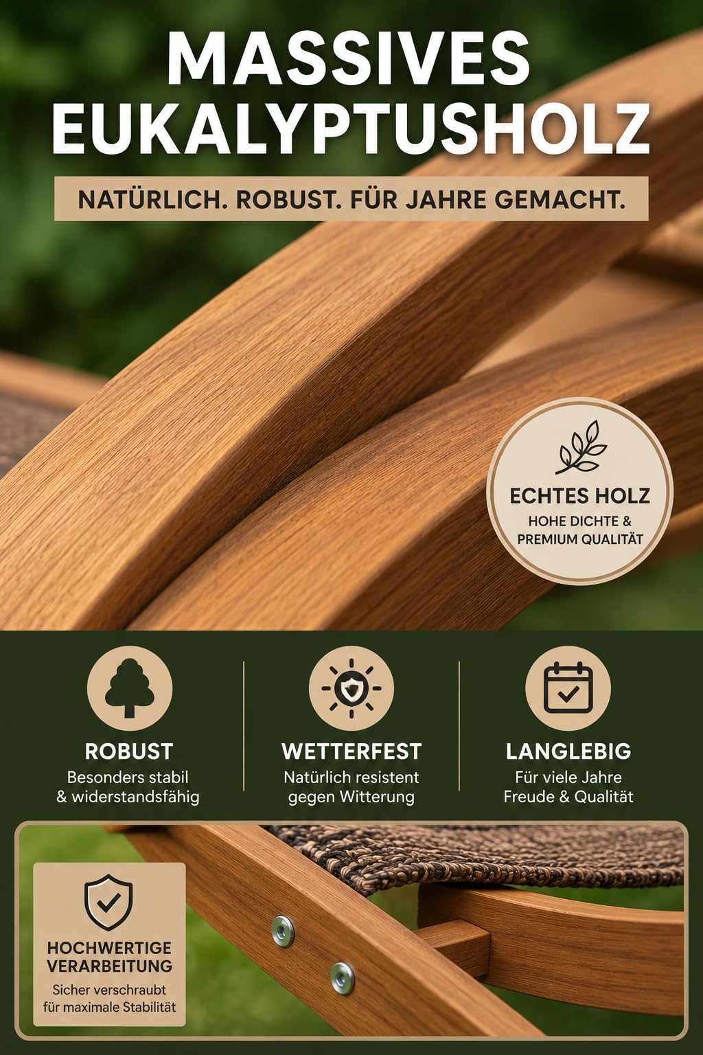 Ampel 24 Relax Liegestuhl Tropica | Relaxliege mit Armlehnen, Gartenmöbel aus vorbehandeltem Holz, Stuhl Bespannung braun, wetterfeste Gartenliege