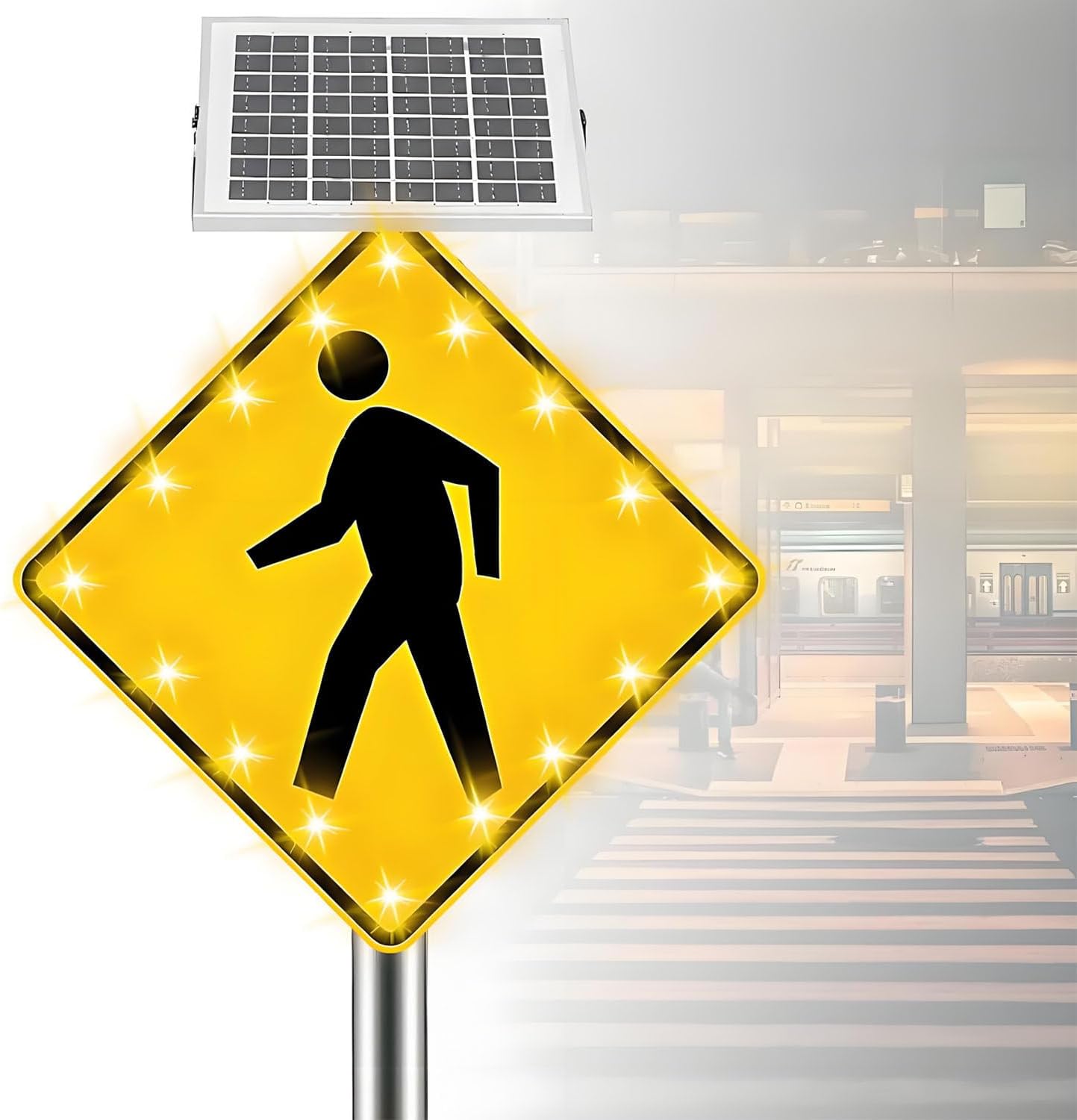 Flashing LED Pedestrian Crossing Sign,Solar Pedestrian LED Flashing Crossing Sign,Engineering Grade Reflective Film,16 LED Flashing Light,Aluminum IP65 Weatherproof Crosswalk Signs 24inches
