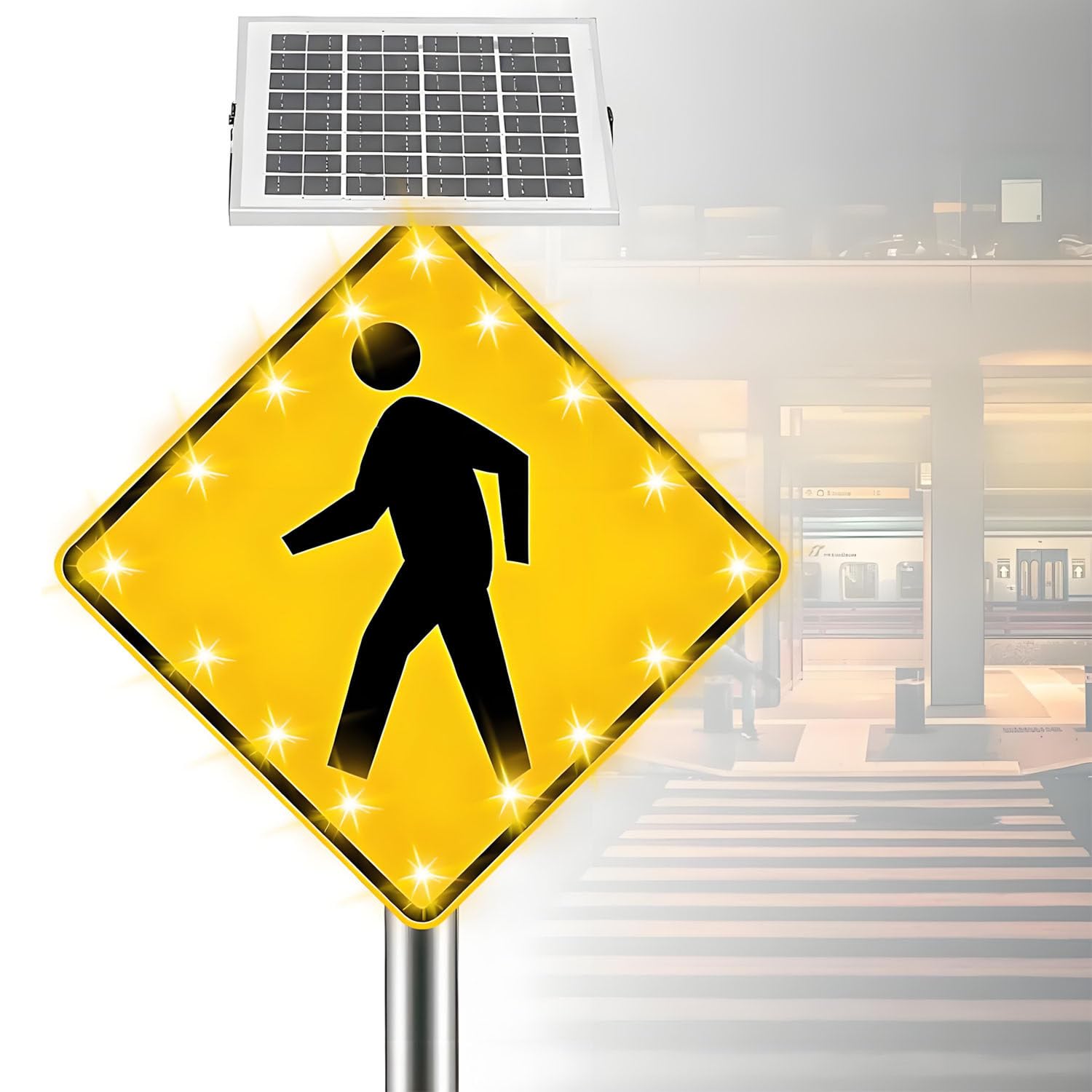 ROEFETY Flashing LED Pedestrian Crossing Sign,Solar Pedestrian LED Flashing Crossing Sign,Engineering grade reflective film,16 LED Flashing Light,Aluminum IP65 Weatherproof Crosswalk Signs 30inches