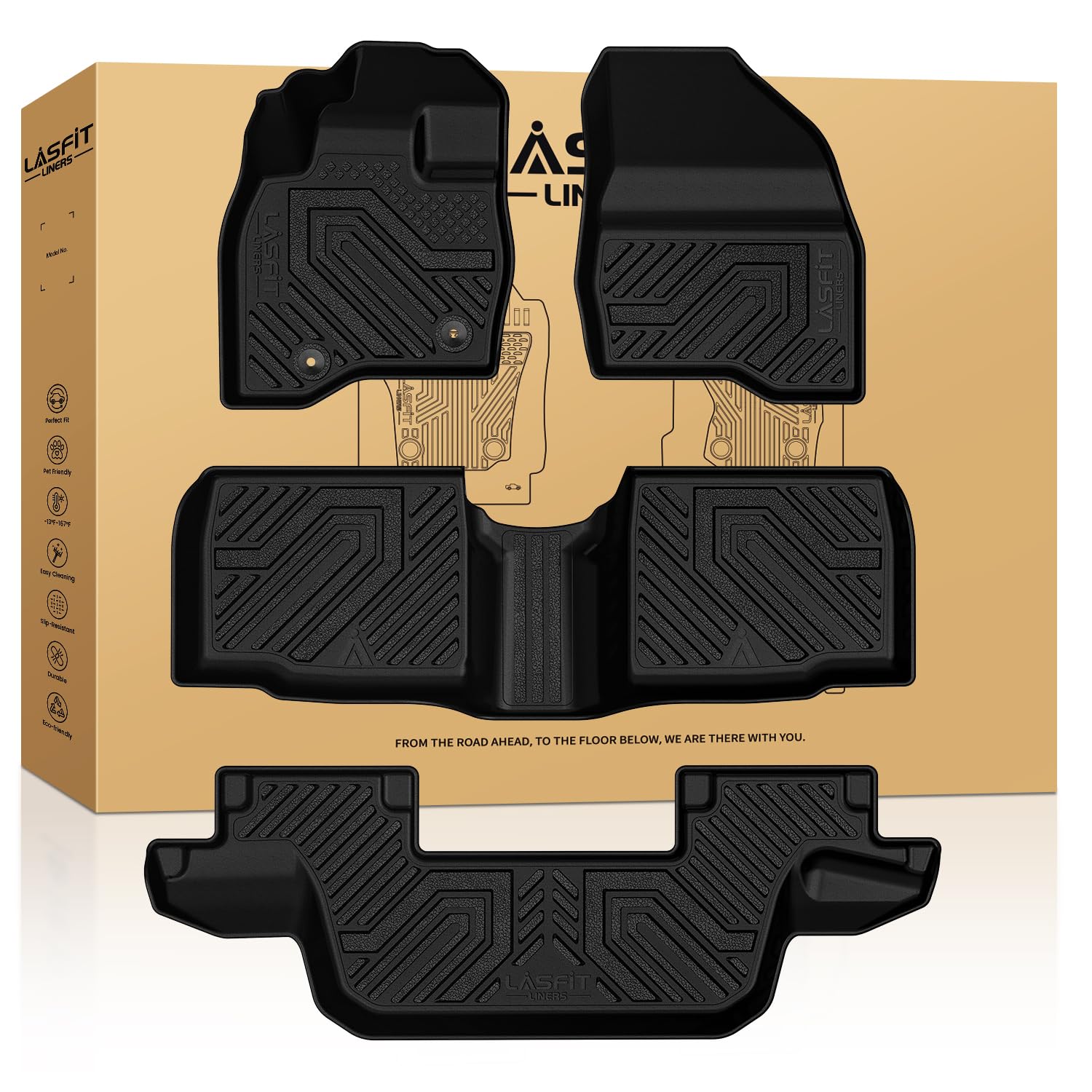 LASFIT Floor Mats for Ford Explorer 2015-2019 7 Seater All Weather TPE Car Liners Custom Fit for Front, Rear and 3rd Row, Black 4pcs