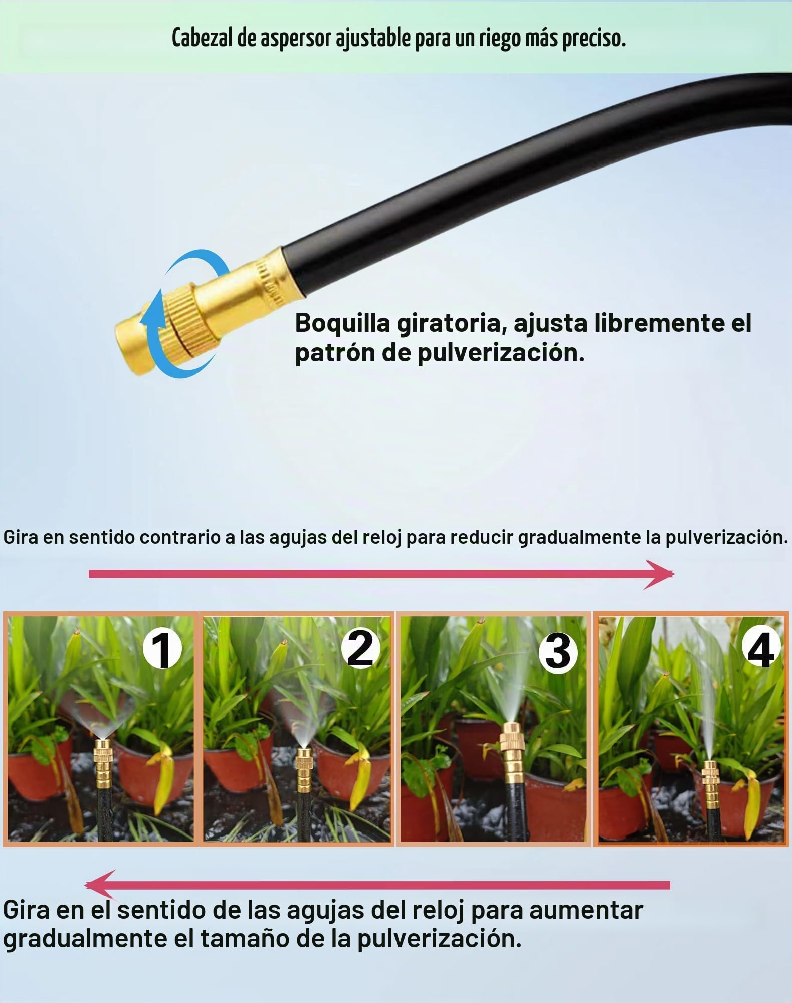 Sistema de Riego por Goteo, Aspersor 360° Ajustable, Boquilla Nebulizadora de Alto Rendimiento, Cabeza Giratoria, Flujo de Agua Personalizable, Fácil Instalación, Ideal para Plantas en Maceta (15 M)