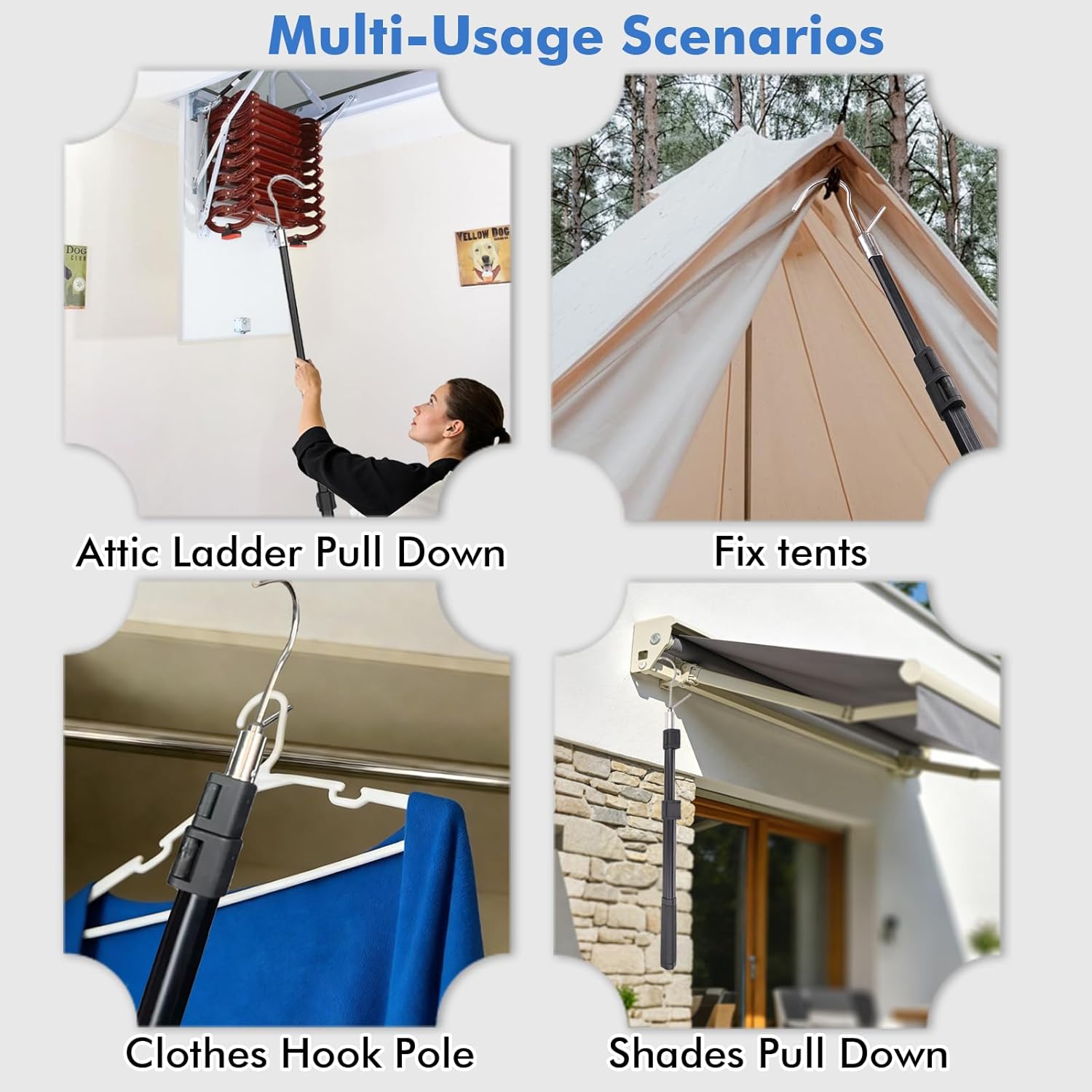 EMART Attic Pull Down Hook, 17-36 Inches Adjustable Attic Ladder Pull Down System kit with Y-Hook and 2 Handles， Heavy-Duty Triangular Steel Tube, Replace Pull Cord for Ladder Door Garage Loft