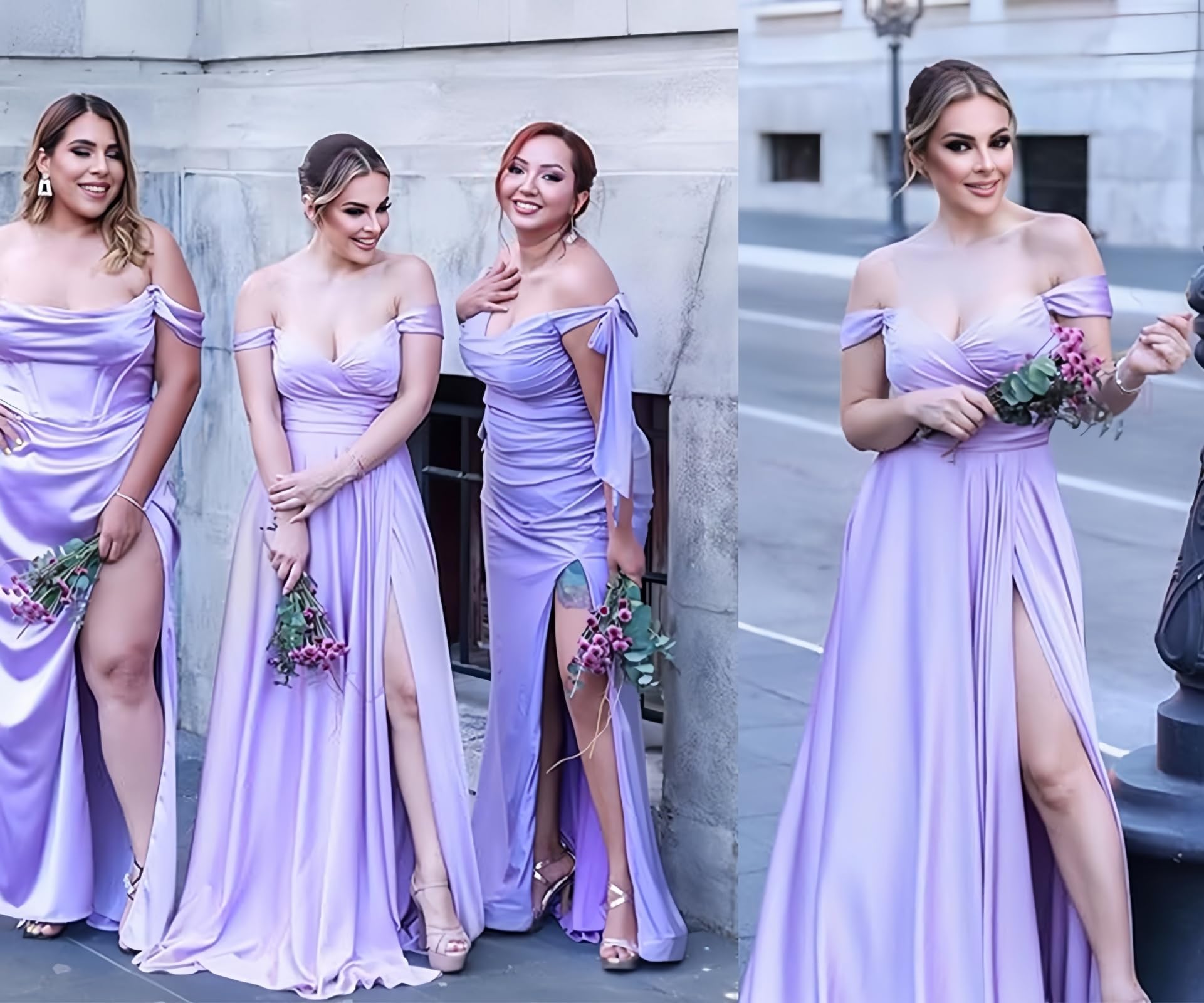 Women's Off The Shoulder Bridesmaid Dresses with Slit Satin Formal Gowns Long Prom Evening Party Dress with Pockets
